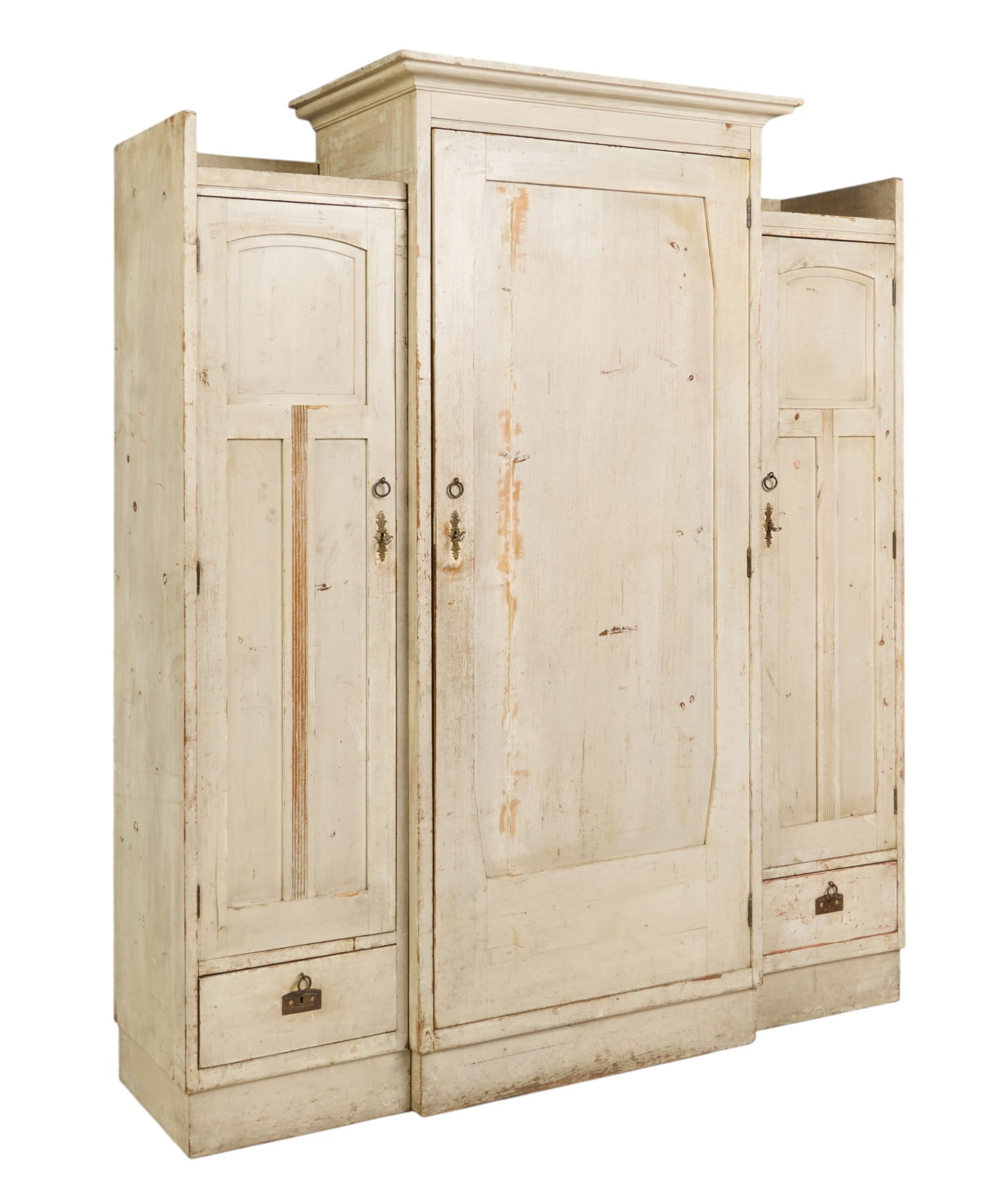 (3) Pc. Farmhouse Cabinet: Three piece farmhouse cabinet with middle, left, and right sections with shelved storage, and bottom drawers on the left and right sides, includes three keys height 87.5 in. x width 75 in. x