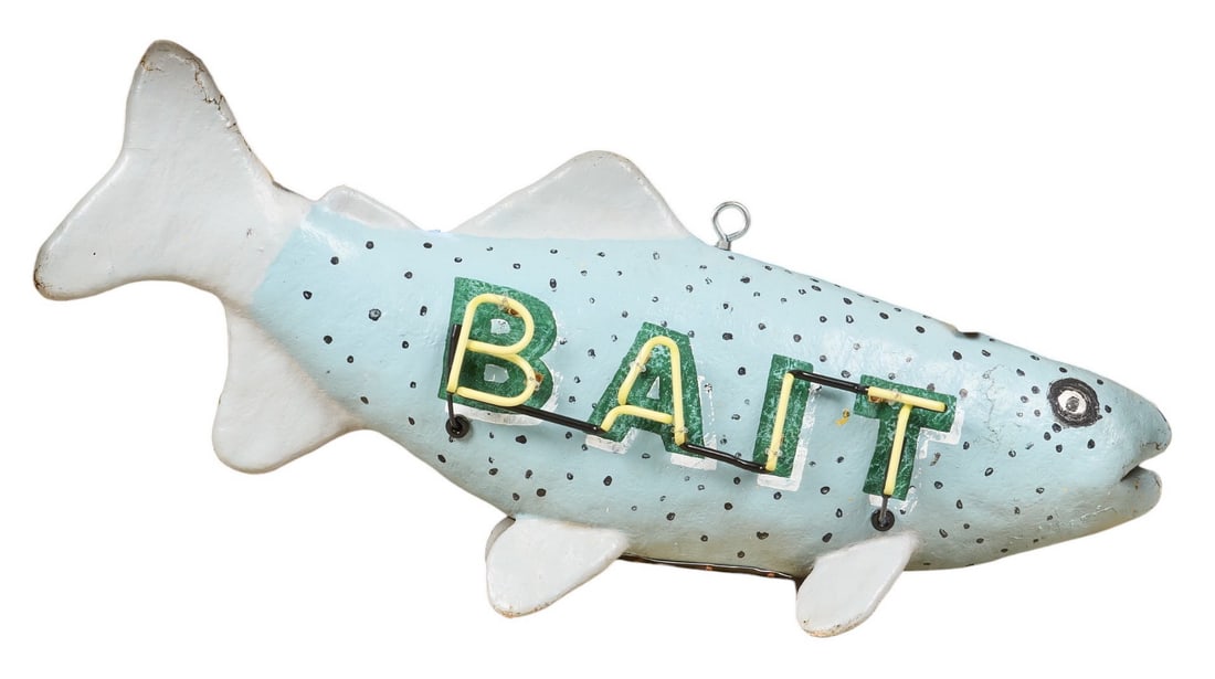 Fish Bait Hanging Neon Sign: Three-dimensional hanging fish bait sign, featuring painted fish sculpture with "BAIT" neon lettering, double-sided, in working condition, with metal hanging hook height 24 in. x width 60