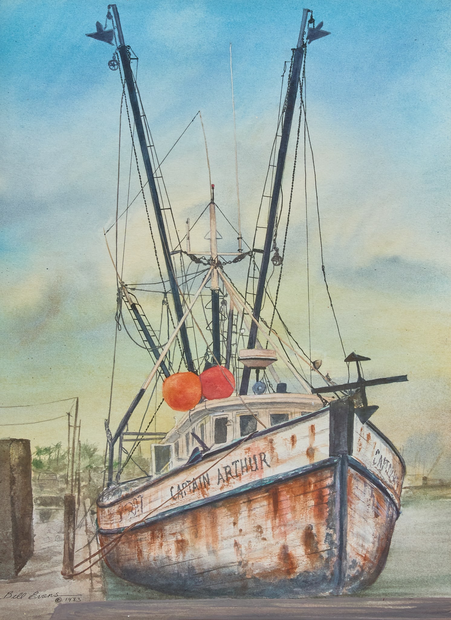 Bill Evans, Captain Arthur Shrimper: Bill Evans (Texas, b. 20th C.), Captain Arthur shrimper, watercolor on paper, signed and dated lower left, 1983 sight: 16 x 12 in., frame: 24 x 19 in. Provenance: Property from a Fredericksburg,