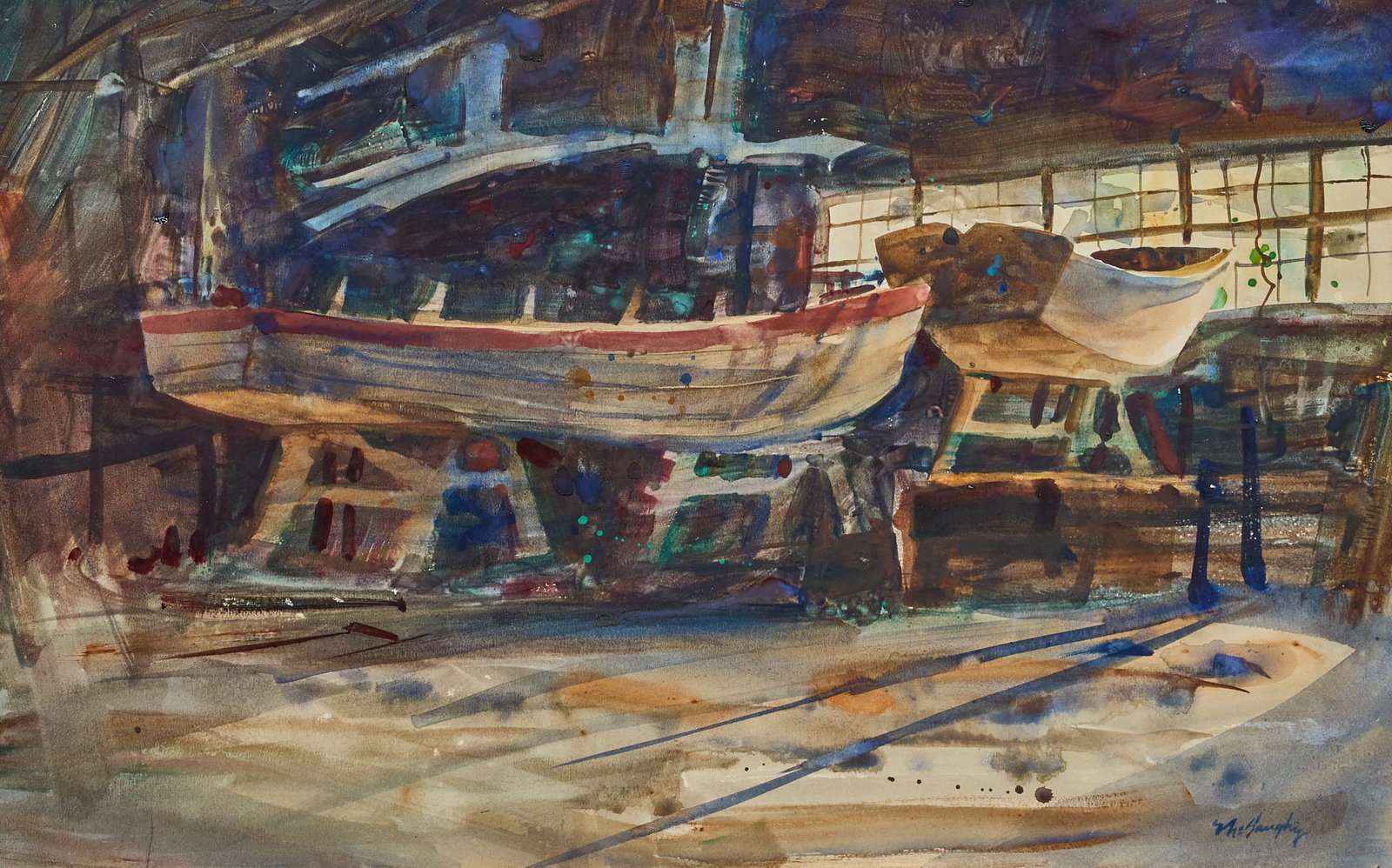 Clay McGaughy, Boat Shed: Clay McGaughy (Texas, 1931-2021), boat shed scene, watercolor on watercolor paper, signed lower right sight: 15 x 23 in., frame: 23 x 32 in. Provenance: Property from a home in San Marcos,