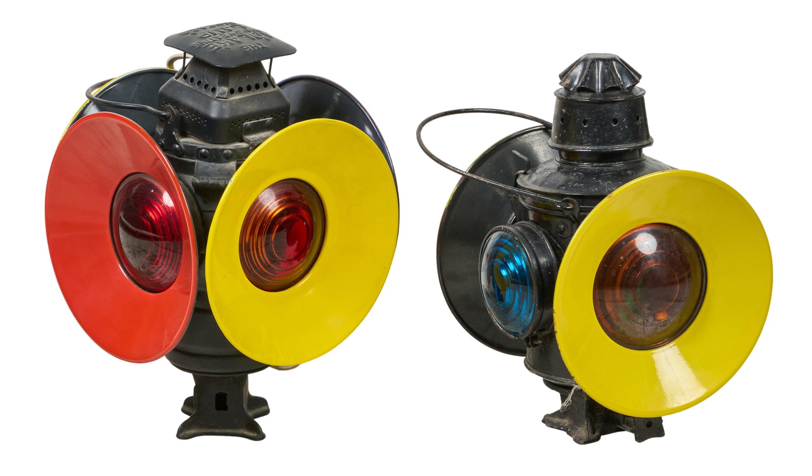 (2) Railroad Switch Lanterns: Railroad switch lantern, marked "The Adlake Non-Sweating Lamp Chicago", with three colored shades and handle height 11 in. x width 10 in. x depth 16 in. Provenance: Property