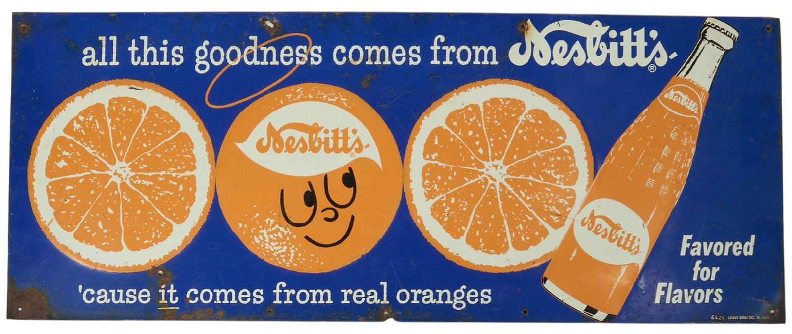 Nesbitt's Sign: Nesbitt's orange soda sign, single-sided, painted metal, with white lettering on blue field height 12 in. x width 30 in.