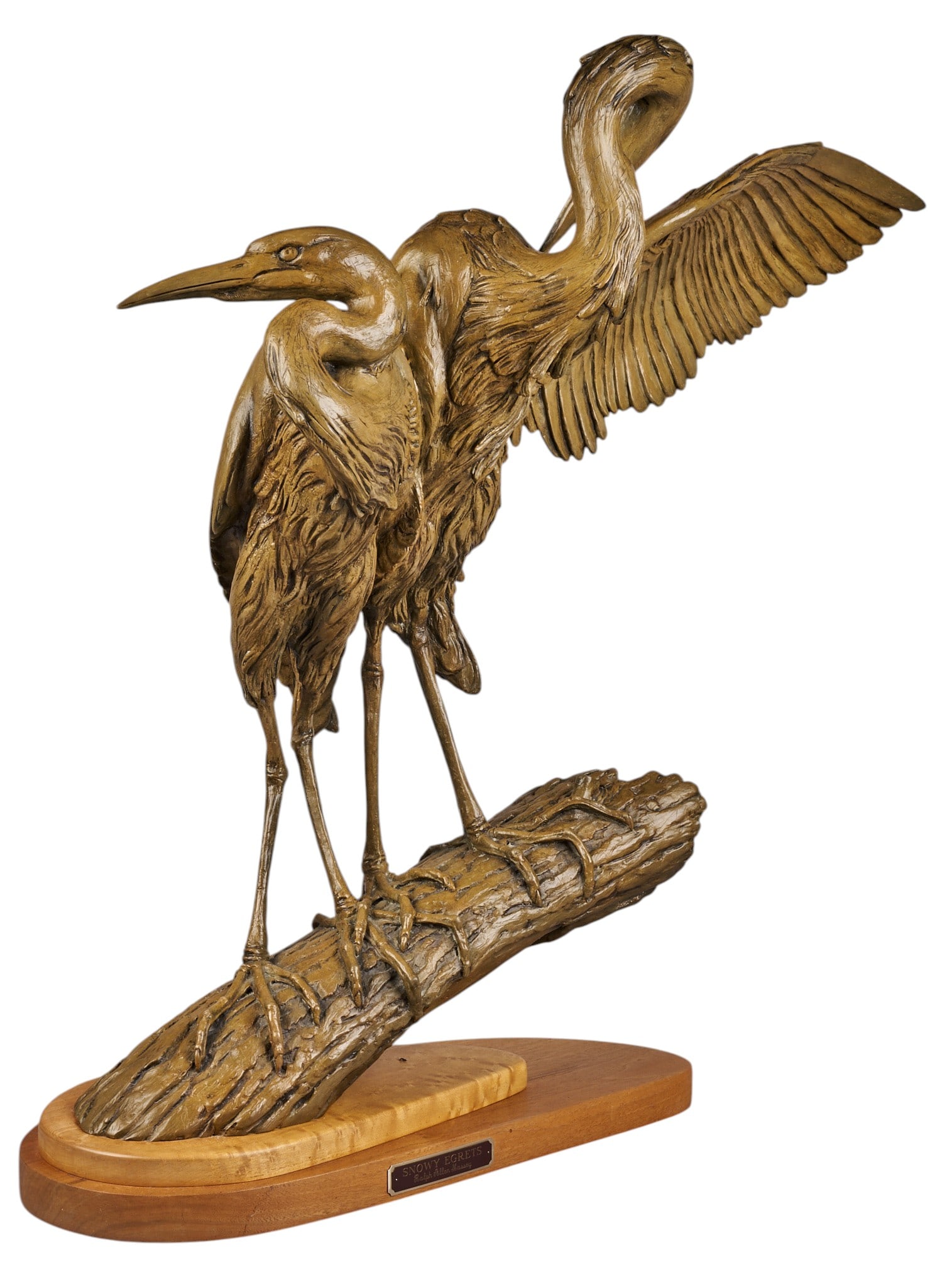 Ralph Massey, "Snowy Egrets": Ralph Allen Massey (California, b. 1938), "Snowy Egrets", artist-cast bronze sculpture on stone and wooden base, with incised signature and edition number 2/25 (artist's note on