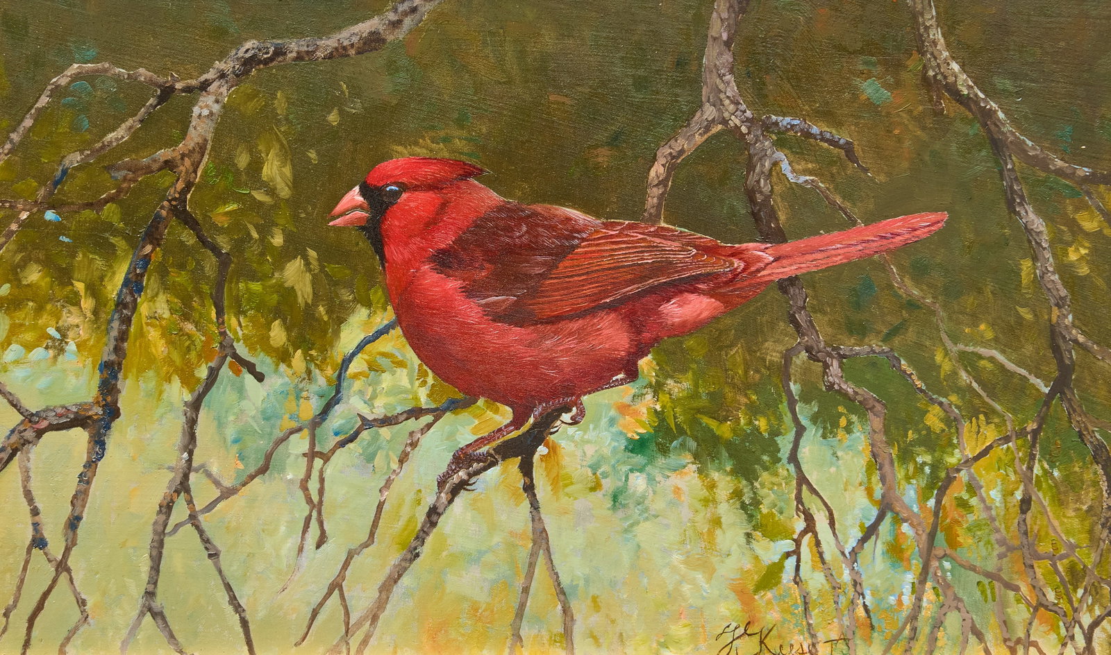 Travis Keese, Red Cardinal: Travis Gordon Keese (Texas, 1932-2023), red cardinal perched in branches, oil on panel, signed lower right sight: 6 x 10 in., frame: 15.5 x 19.5 in. Provenance: Property from the estate of George