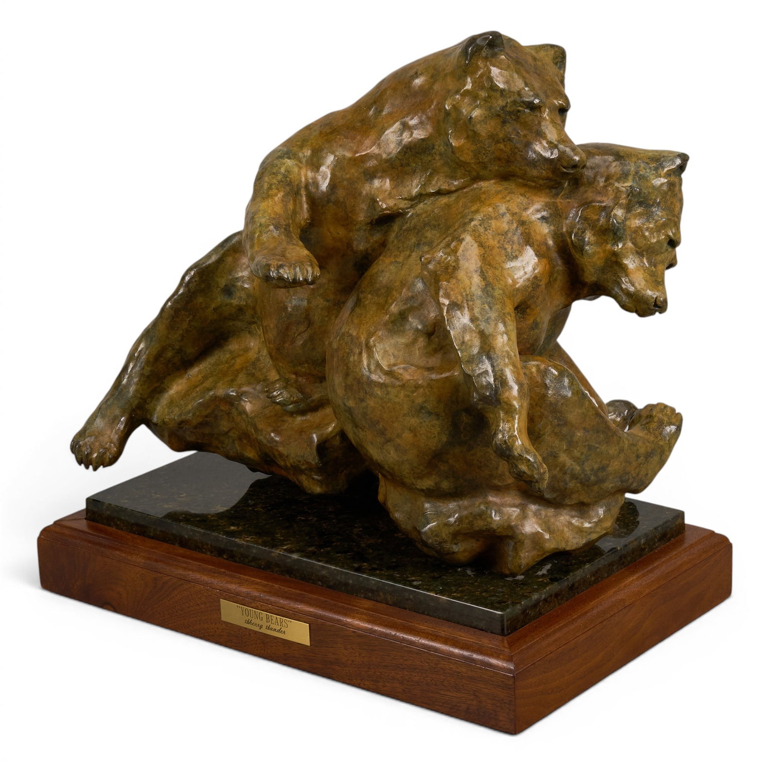 Sherry Sander, "Young Bears": Sherry Salari Sander (b. 1941, Montana), "Young Bears", artist-cast bronze sculpture atop granite and wooden base, applied patina, incised signature, edition number 22/25, and