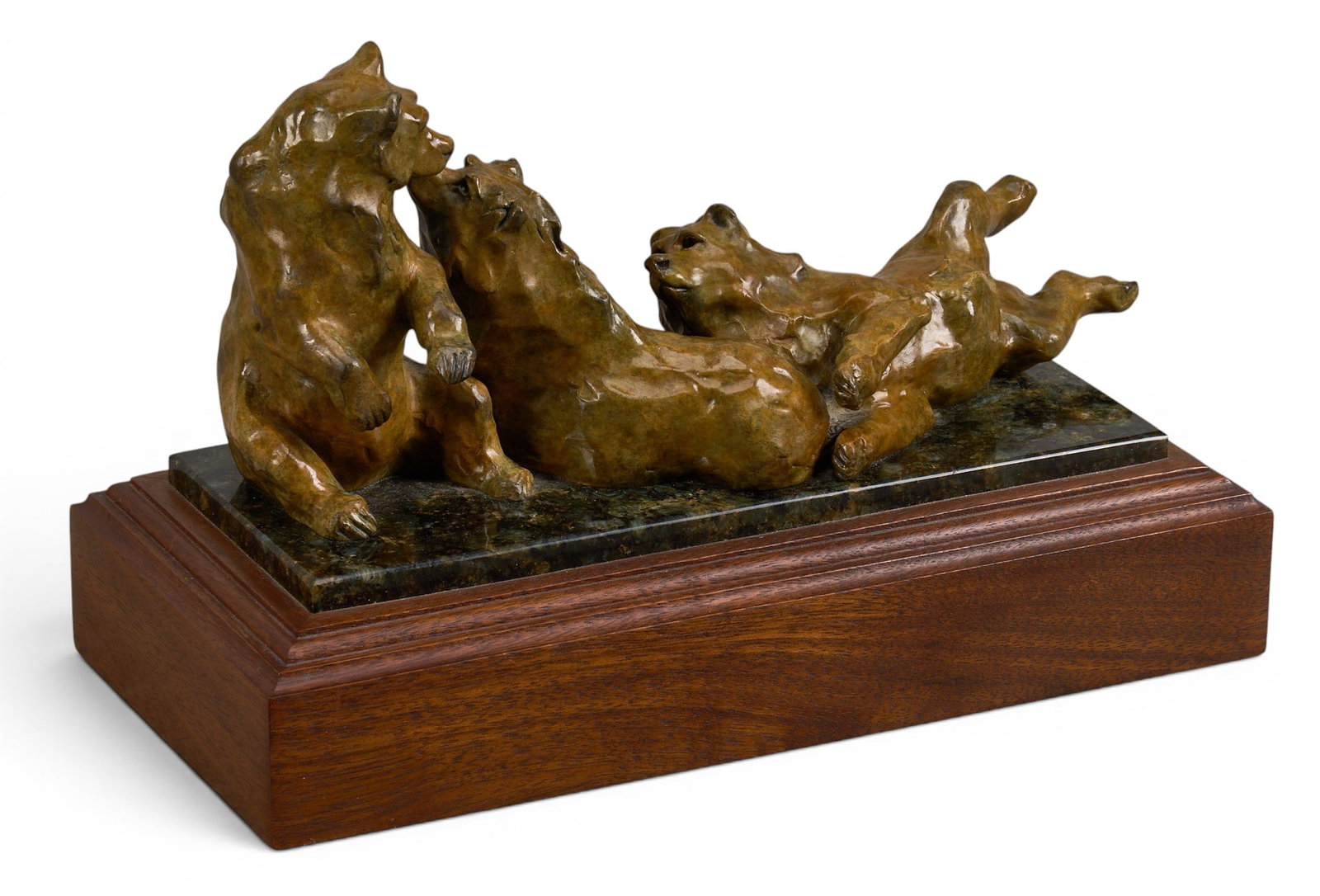 Sherry Sander, "Three Bears": Sherry Salari Sander (Montana, b. 1941), "Three Bears", artist-cast bronze sculpture on wooden base, with incised signature, edition number 36/50, and date, 1992 height 7 in. x