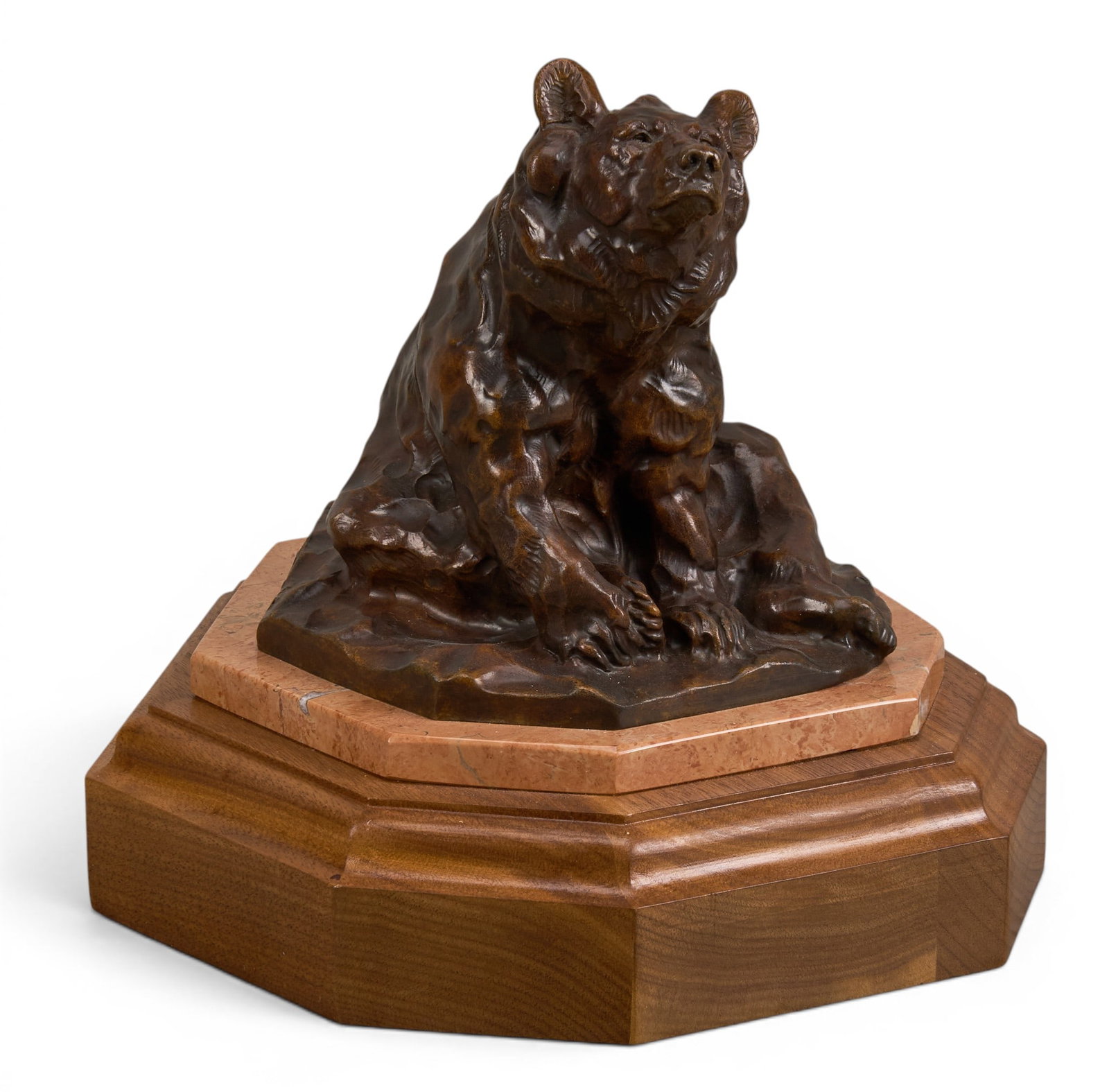 Richard Loffler, Seated Grizzly Bear: Richard Loffler (Canada, b. 1956), seated grizzly bear, artist-cast bronze sculpture on wooden base, with incised signature, edition number 6/21, and date, 1990 height 8 in. x 7 in. diameter
