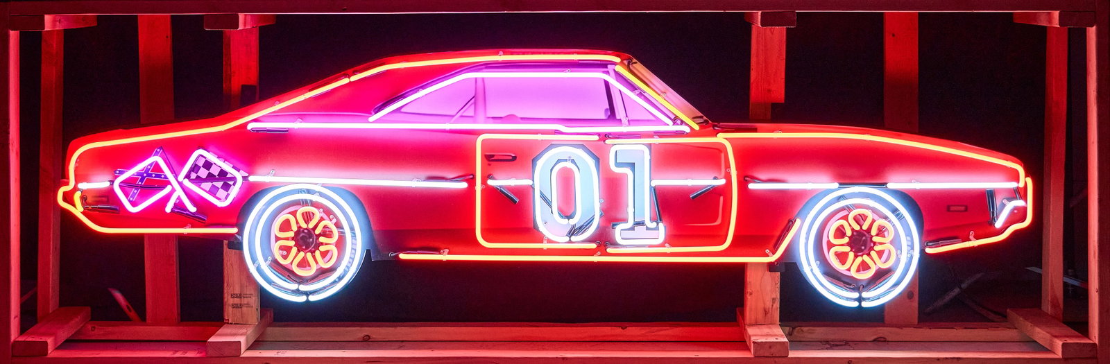 Dukes of Hazzard General Lee Car Neon Sign: Neon sign depicting General Lee from the Dukes of Hazzard, single-sided, in working condition, housed in custom shipping crate, includes remote height 24 in. x width 96 in. x depth 7 in. 