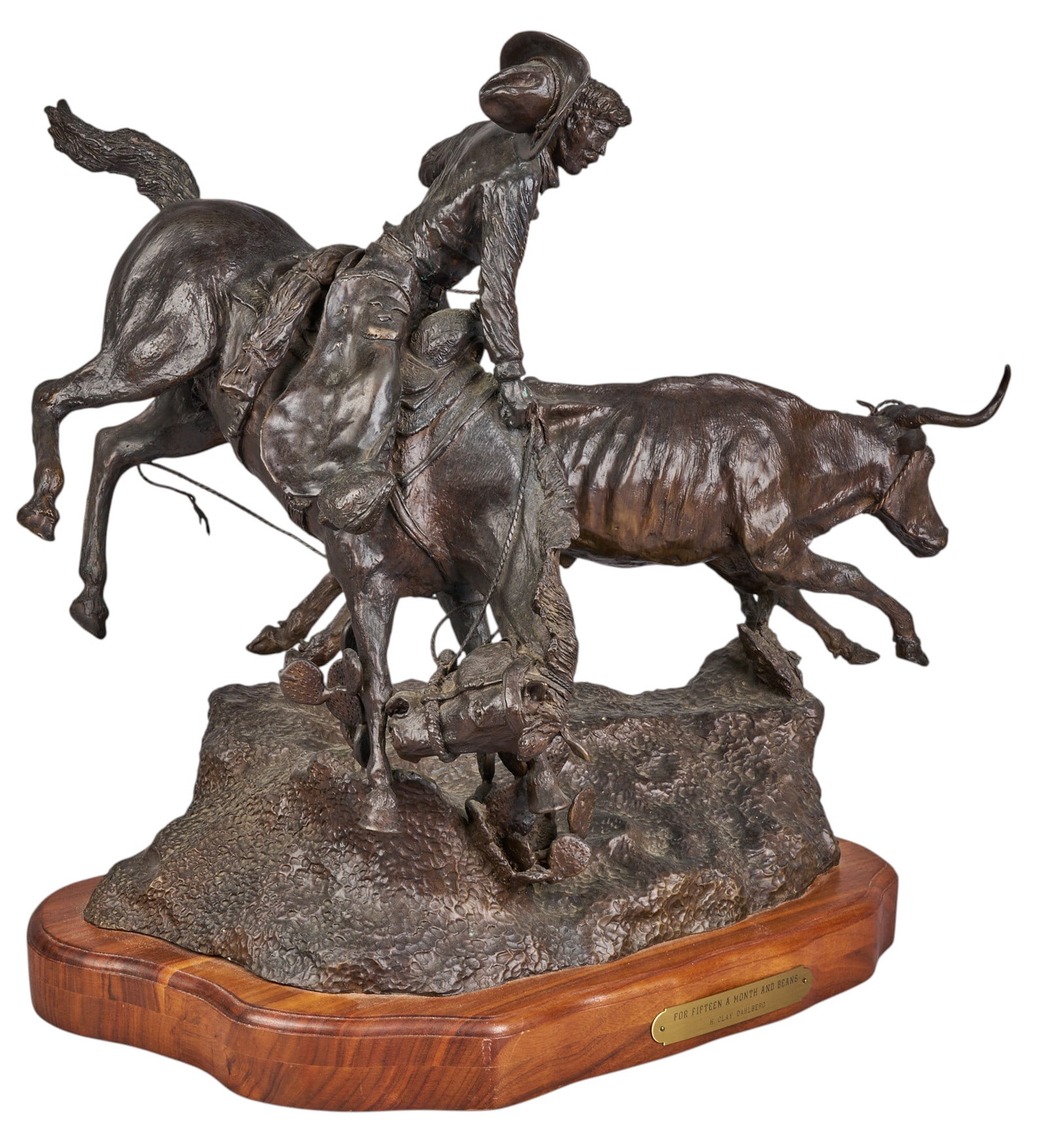 H. Clay Dahlberg, "For Fifteen A Month and Beans": H. Clay Dahlberg (Texas, b. 1946), "For Fifteen A Month and Beans", artist-cast bronze sculpture on wooden base, with incised signature, edition number 4/10, and date, 1974 height 19.5