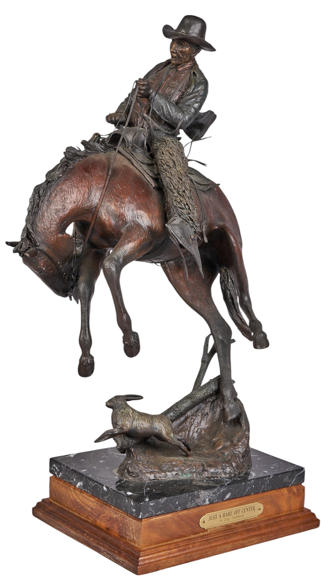 H. Clay Dahlberg, "Just a Hare Off Center": H. Clay Dahlberg (Texas, b. 1946), "Just a Hare Off Center", artist-cast bronze sculpture on wooden base, with incised signature, edition number 3/30, and date, 1992 height 22 in. x