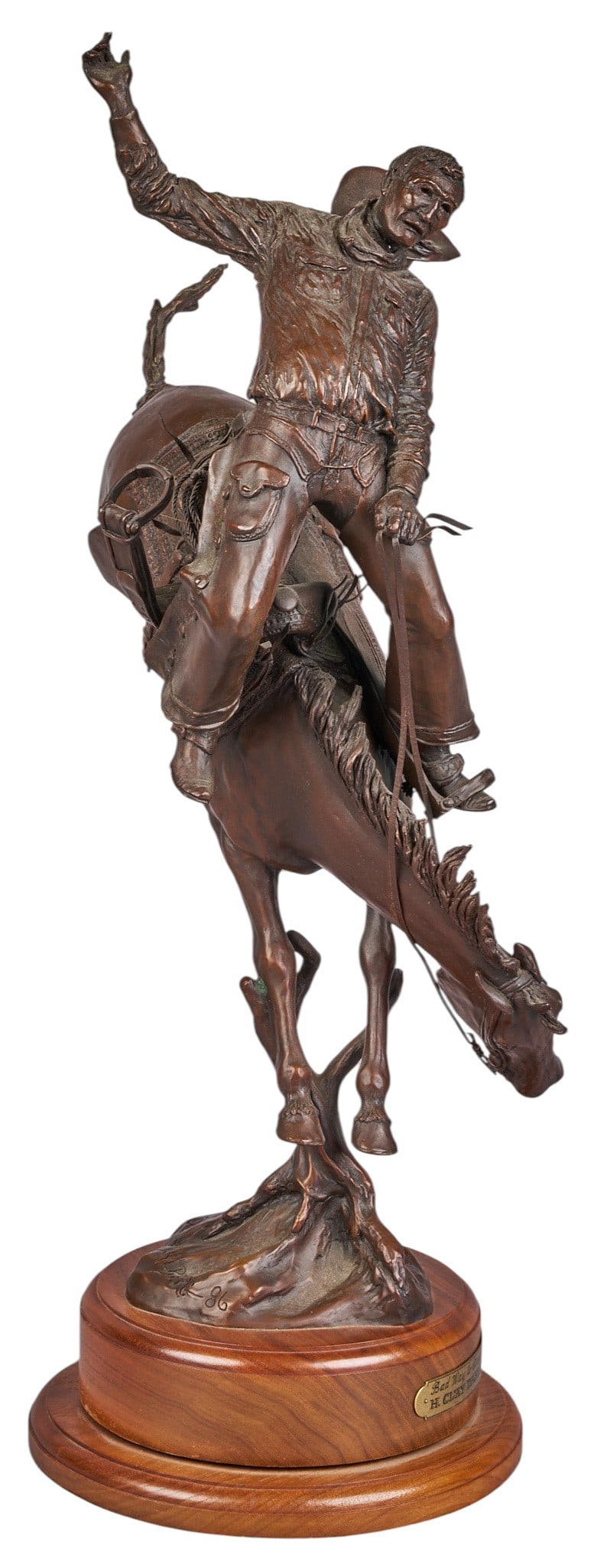 H. Clay Dahlberg, "Bad Way to Start the Day": H. Clay Dahlberg (Texas, b. 1946), "Bad Way to Start the Day", artist-cast bronze sculpture on wooden base, with incised signature, edition number 3/30, and date, 1986 height 19 in. x