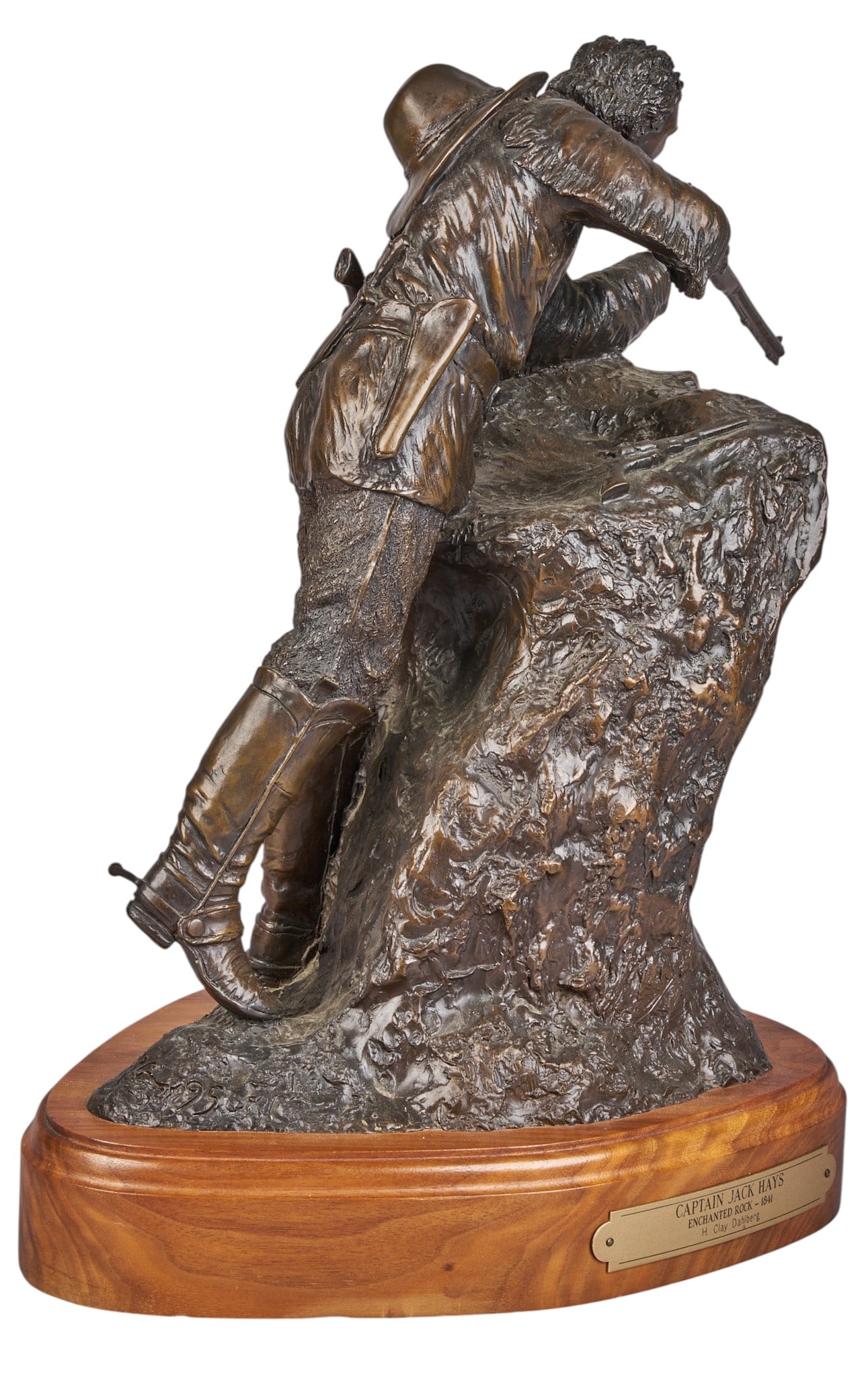 H. Clay Dahlberg, "Captain Jack Hays": H. Clay Dahlberg (Texas, 1946-2021), "Captain Jack Hays -- Enchanted Rock, 1841", artist-cast bronze sculpture on wooden base, with incised signature, edition number 45/50, and date,