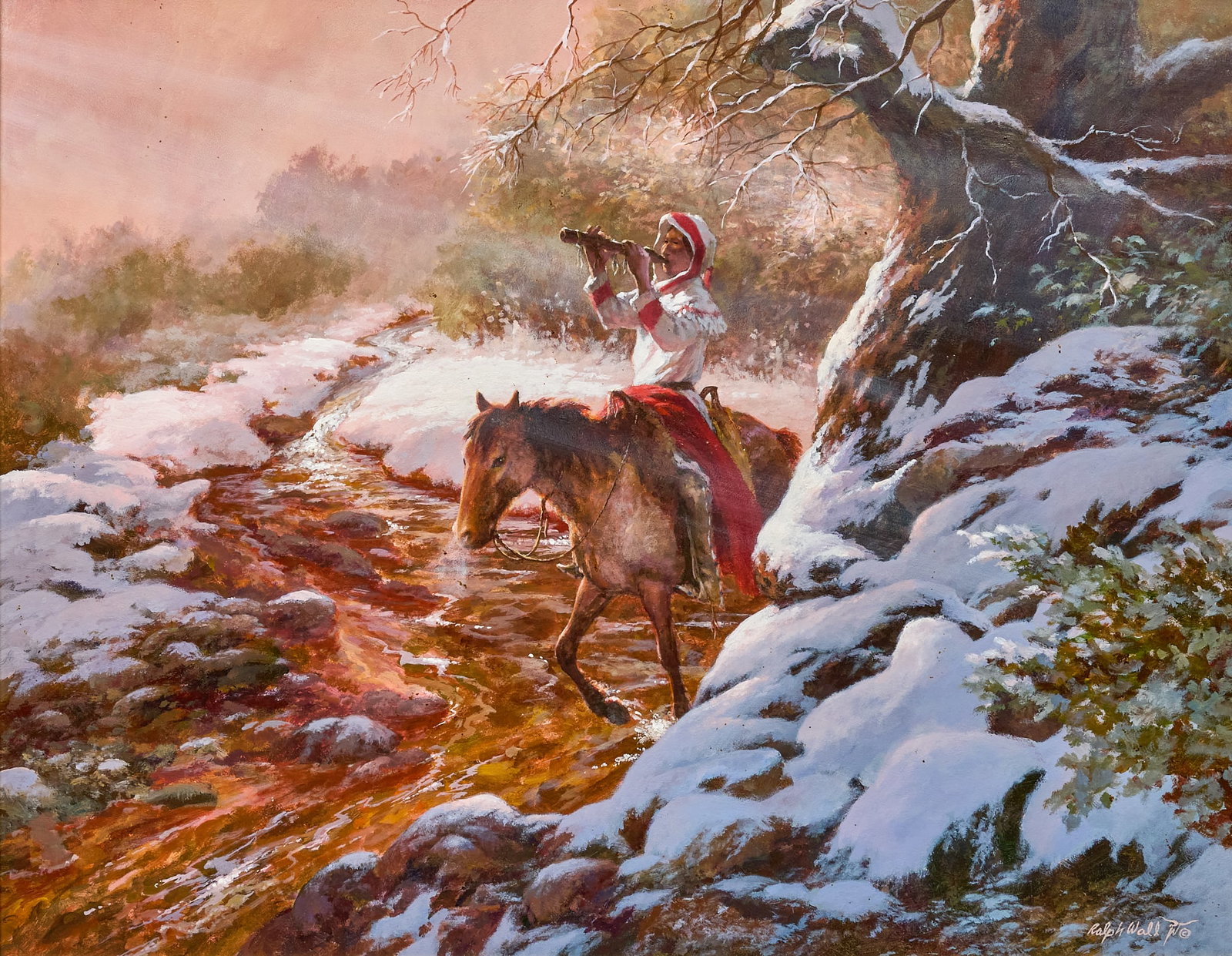 Ralph Alan Wall, "The Flute Player": Ralph Alan Wall (Amer., 1932-2009), "The Flute Player", oil on panel, signed lower right, artist's inscription on the verso with signature, title, and date, 1988 sight: 22 x