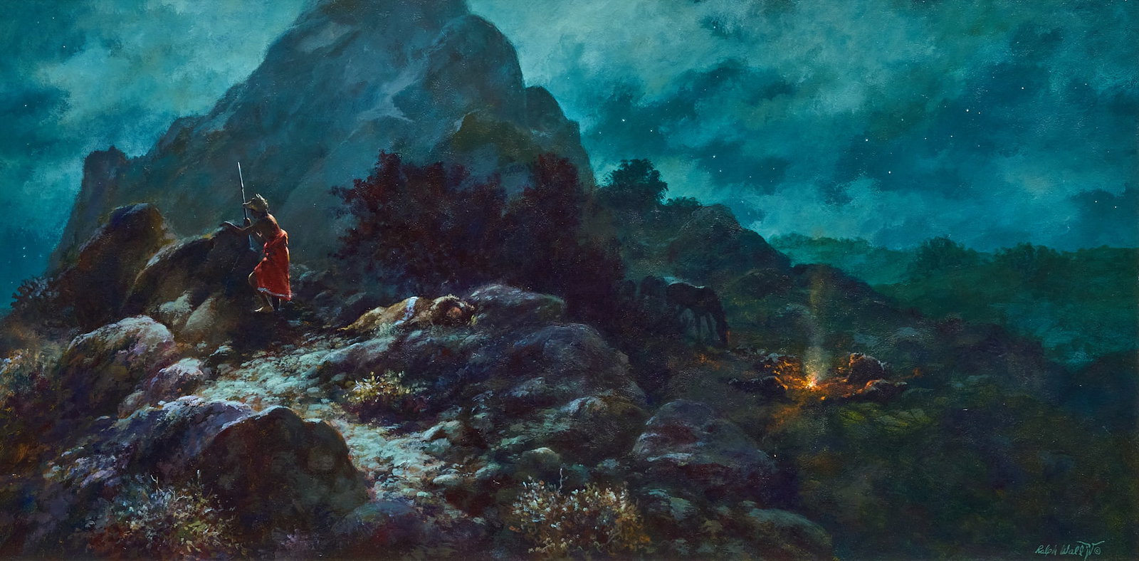 Ralph Alan Wall, "The Sentinel": Ralph Alan Wall (Amer., 1932-2009), "The Sentinel", oil on panel, signed lower right, artist's inscription on the verso with signature, title, and date, 1989 sight: 18 x 35 in.