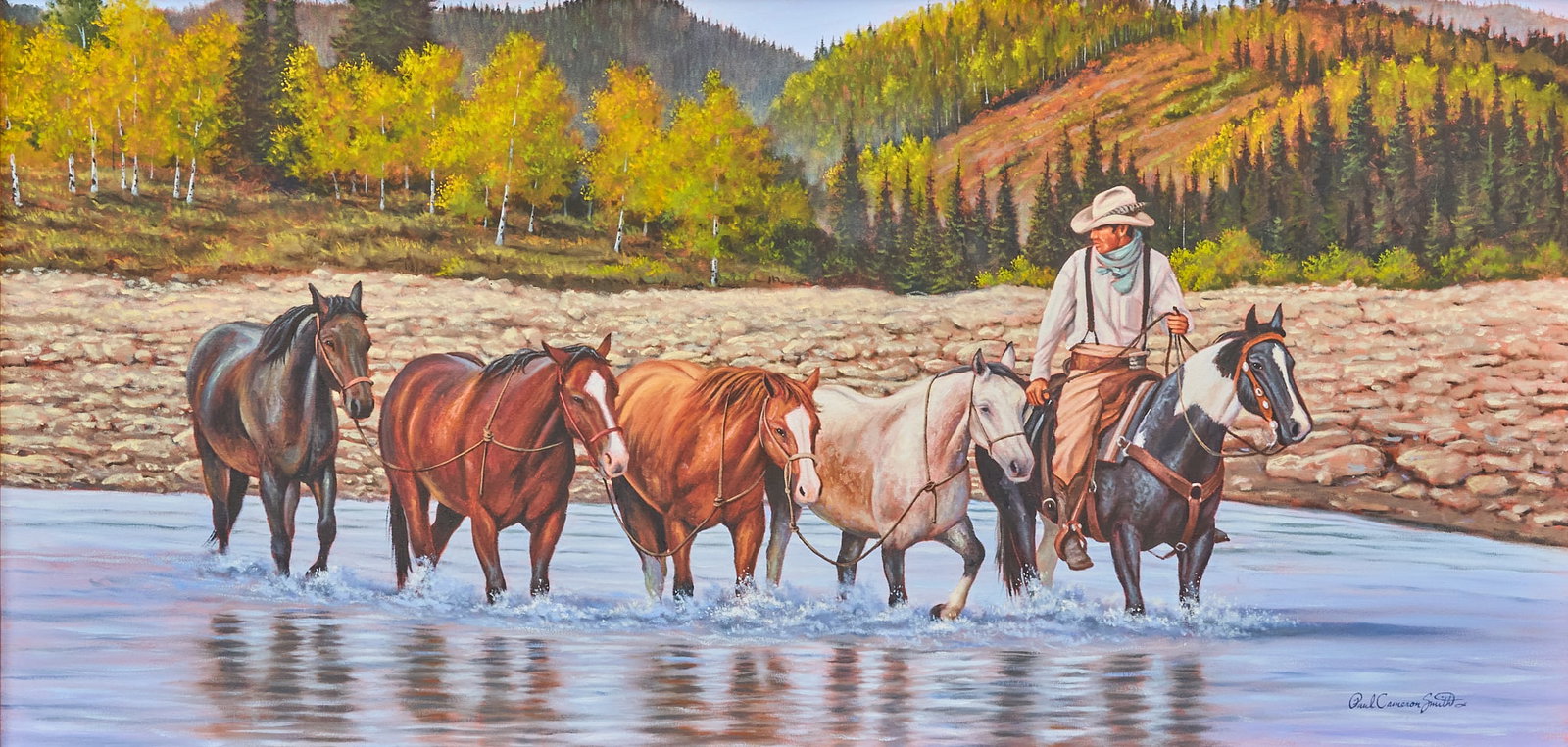 Paul Smith, Cowboys: Paul Cameron Smith (Texas, b. 20th C.), cowboy and horses fording a river, oil on canvas, signed lower right sight: 24 x 48 in., frame: 33.5 x 57.5 in. Provenance: Property from a home in Bulverde, Te