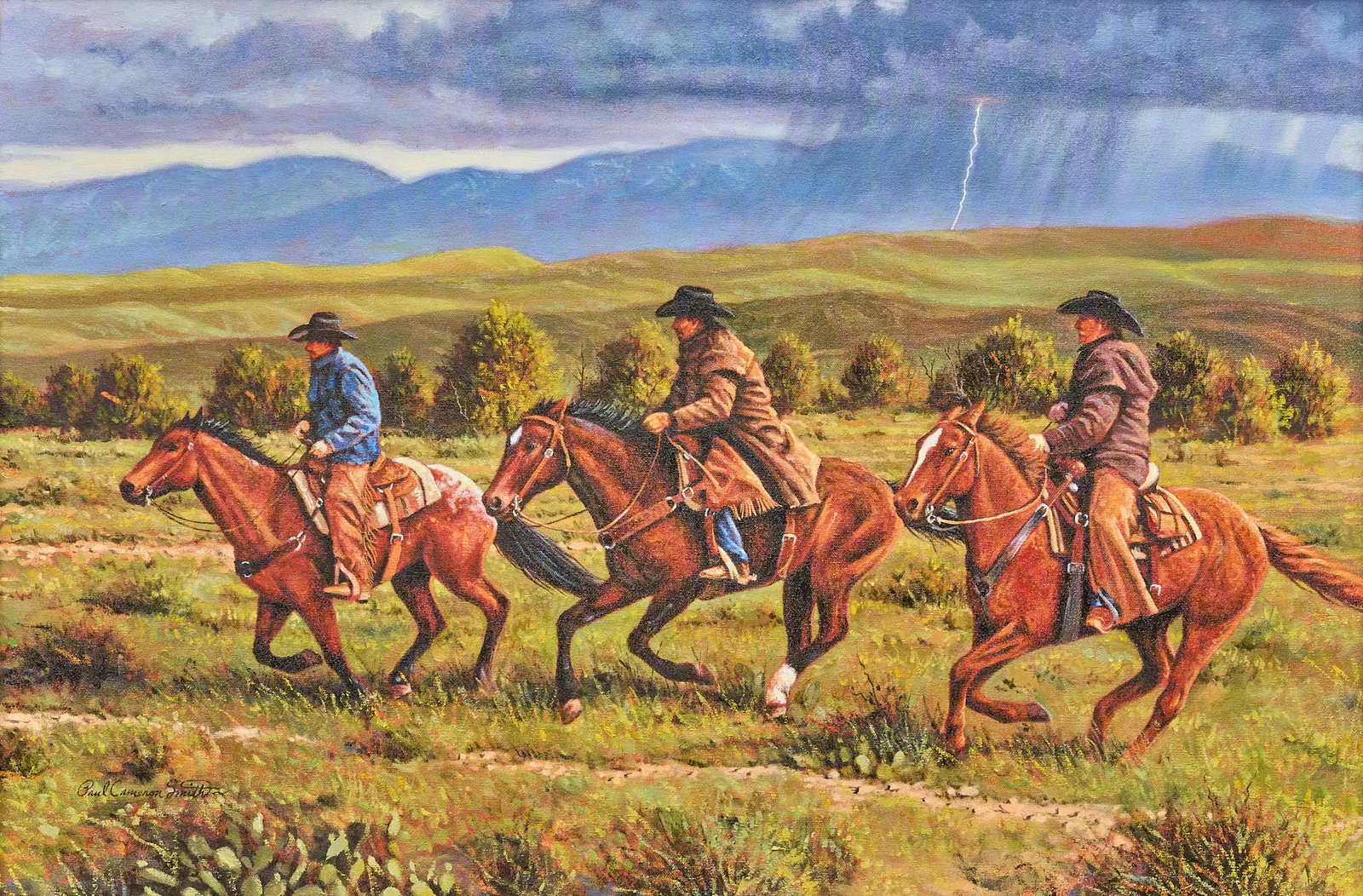 Paul Smith, Riding Before the Storm: Paul Cameron Smith (Texas, b. 20th C.), group of cowboys riding before a thunderstorm, oil on canvas, signed lower left sight: 24 x 36 in., frame: 33.5 x 45.5 in. Provenance: Property from a home in B