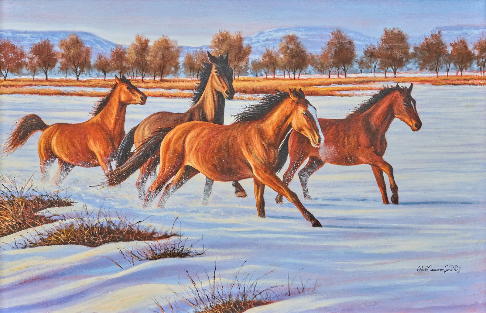 Paul Smith, Horses in the Snow: Paul Cameron Smith (Texas, b. 20th C.), horses galloping through the snow, oil on canvas, signed and dated lower right, 2010 sight: 24 x 36 in., frame: 33.5 x 45.5 in. Provenance: Property from a home