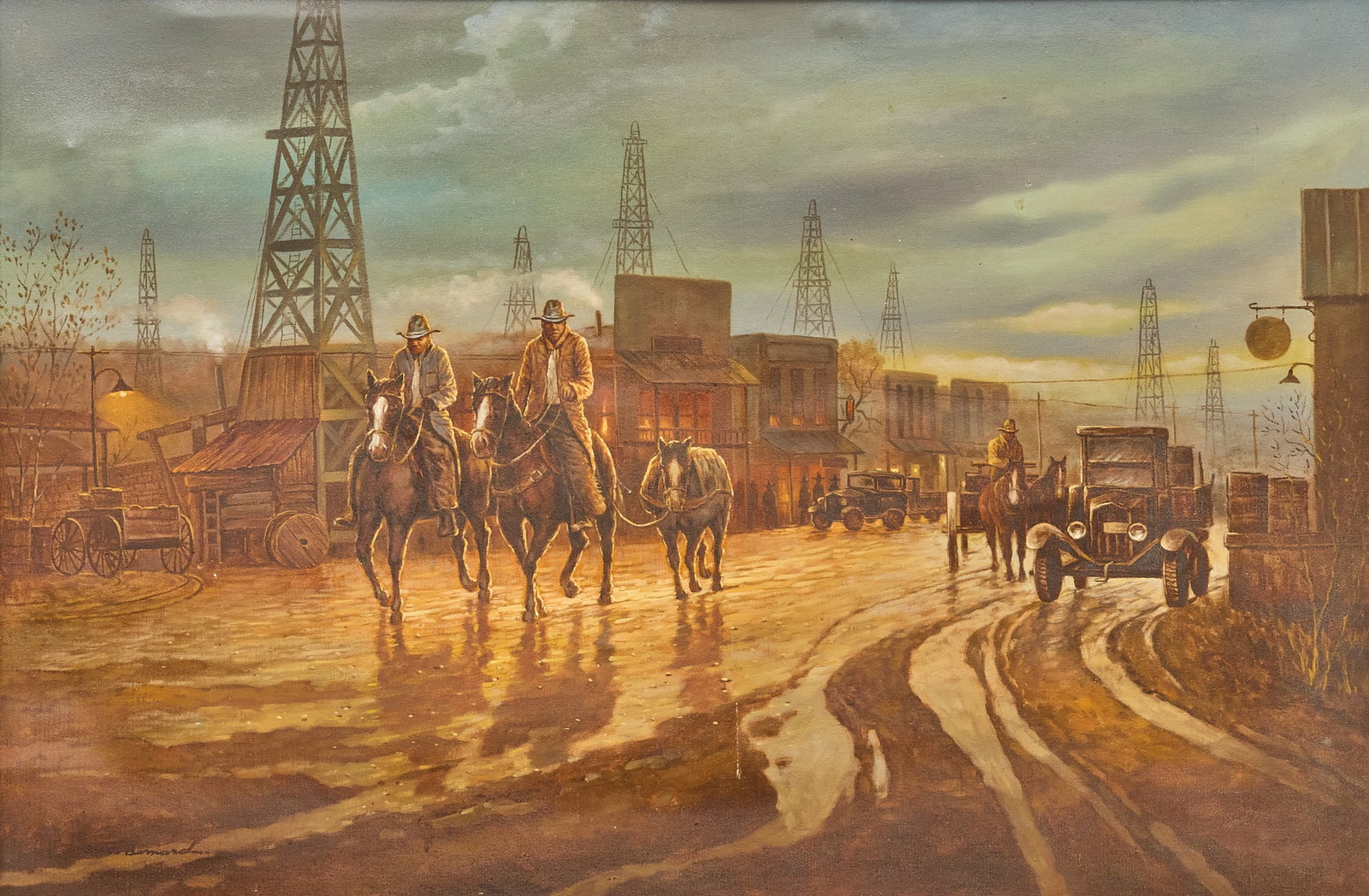 James Bernard, Boomtown Drifters: James Bernard (Amer., 20th C.), a hand-painted homage to G. Harvey's 1979 painting "Boomtown Drifters", oil on canvas, signed lower left sight: 24 x 36 in., frame: 29.5 x 41.5 in. Condit