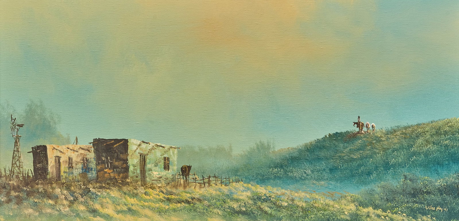 Lester Hughes, Cowboy on the Ridge: Lester C. Hughes (Texas, 1938-2021), cowboy on the ridge with two pack horses, oil on canvas, signed lower right sight: 15 x 30 in., frame: 21.5 x 36.5 in. Provenance: Property fro