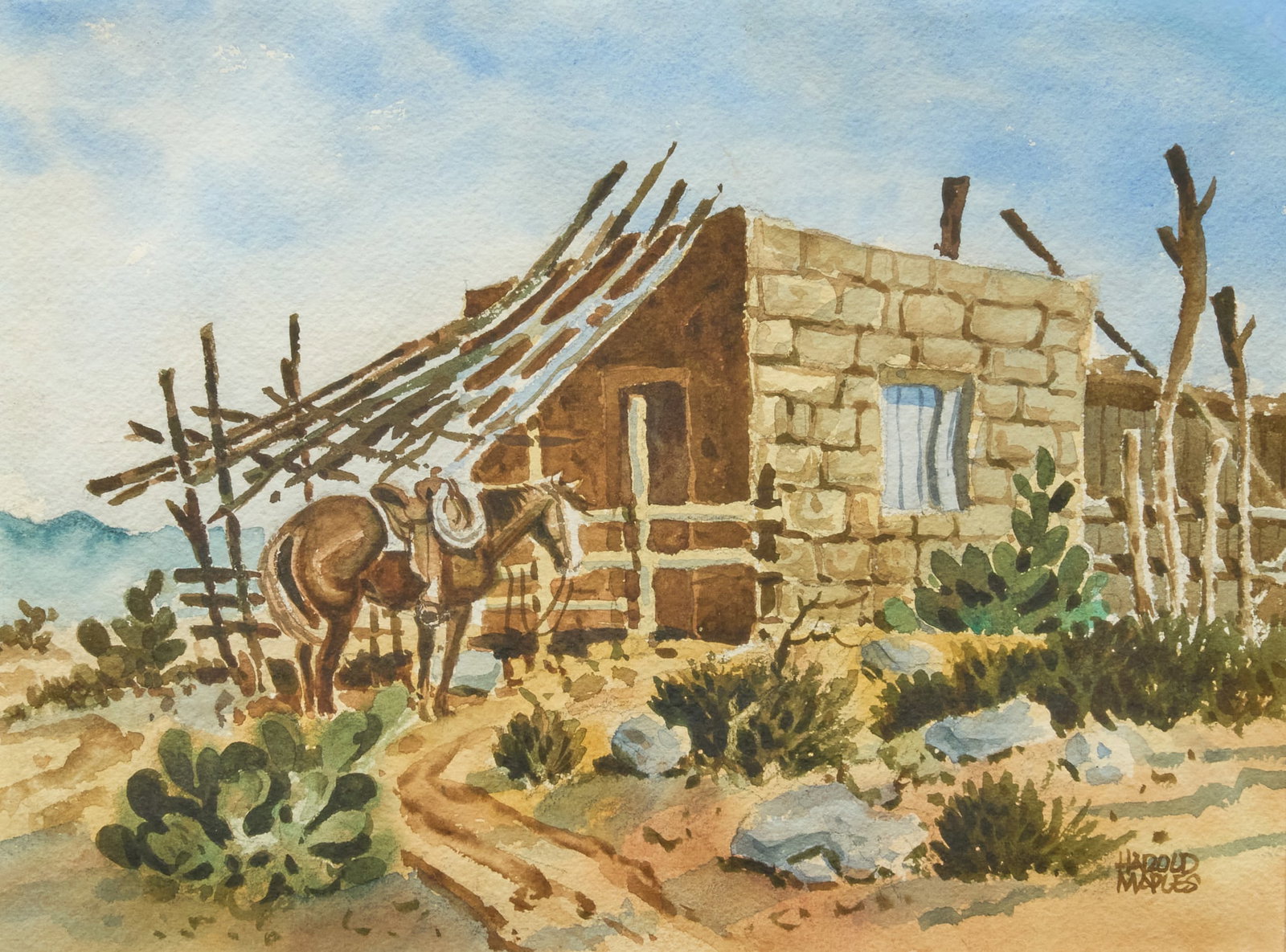 Harold Maples, Horse by Adobe Home: Harold Maples (Texas, 1925-1981), horse standing near adobe brick home, watercolor on paper, signed lower right, with Dow Art Galleries (Fort Worth, Texas) label on the verso sight: 12 x 9 in., frame: