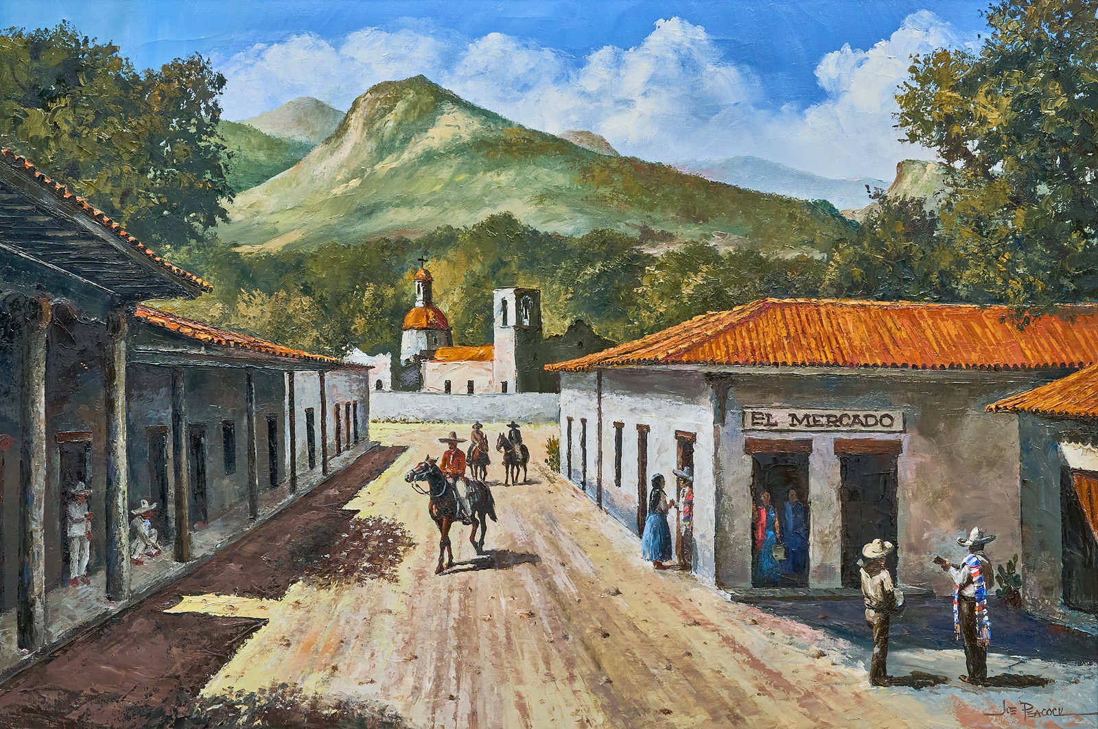 Joe Peacock, "Strangers in Town": Joe Peacock (Amer., b. 20th C.), "Strangers in Town", oil on canvas, signed lower right sight: 25 x 34 in., frame: 35 x 47 in. Provenance: Property from a home in El Campo, Texas 
