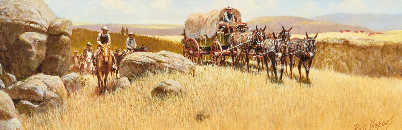 Russ Vickers, "Cow Hunt": Russ Vickers (California / Arizona, 1923-1997), "Cow Hunt", oil on panel, signed lower right, signed again and titled on the verso sight: 6 x 14 in., frame: 7.5 x 16 in. Provenance: