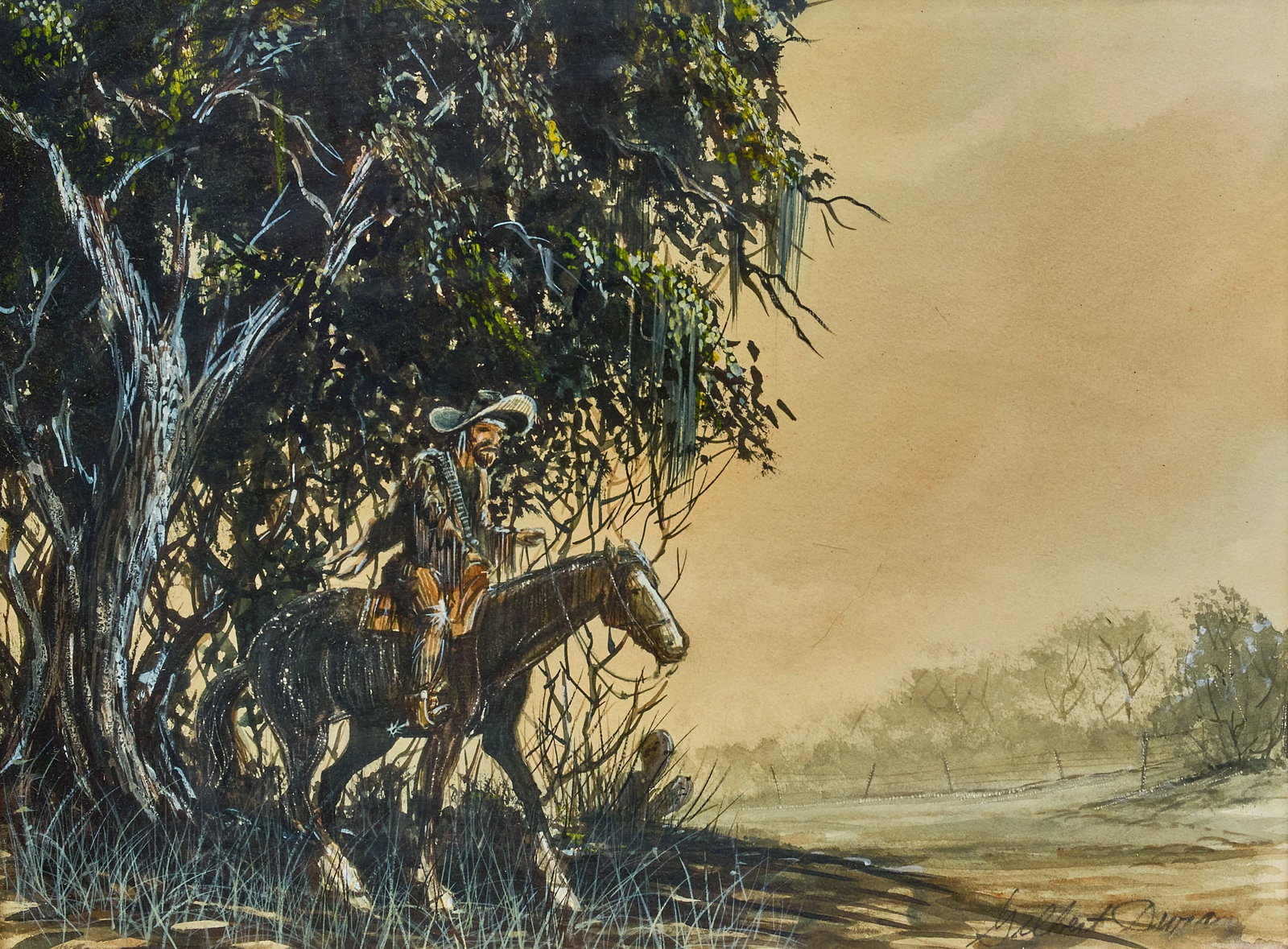 Gilbert Duran, Cowboy in the Shade: Gilbert Duran (Texas, 1947-2023), cowboy on horseback under a tree, watercolor on watercolor board, signed lower right, with Broken Spur Gallery (San Antonio, Texas) sticker on the verso sight: