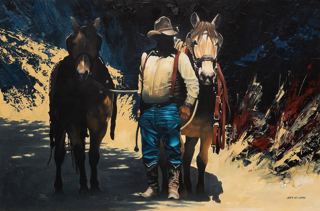 Jeff St. John, "Slim’s Team": Jeff St. John (Amer., 20th-21st C.), "Slim’s Team", oil on canvas, signed lower right sight: 36 in. x 24 in., frame: 36 in. x 48 in. Provenance: Property from a home in San Antonio,