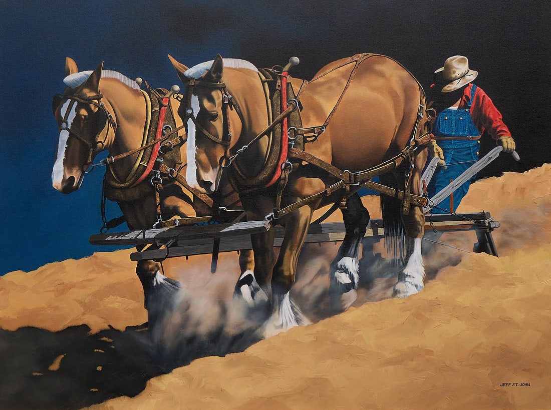 Jeff St. John, "Dawn ‘til Dusk": Jeff St. John (Amer., 20th-21st C.), "Dawn ‘til Dusk", oil on canvas, signed lower right sight: 30 in. x 40 in., frame: 42 in. x 52 in. Provenance: Property from a home in San Antonio,