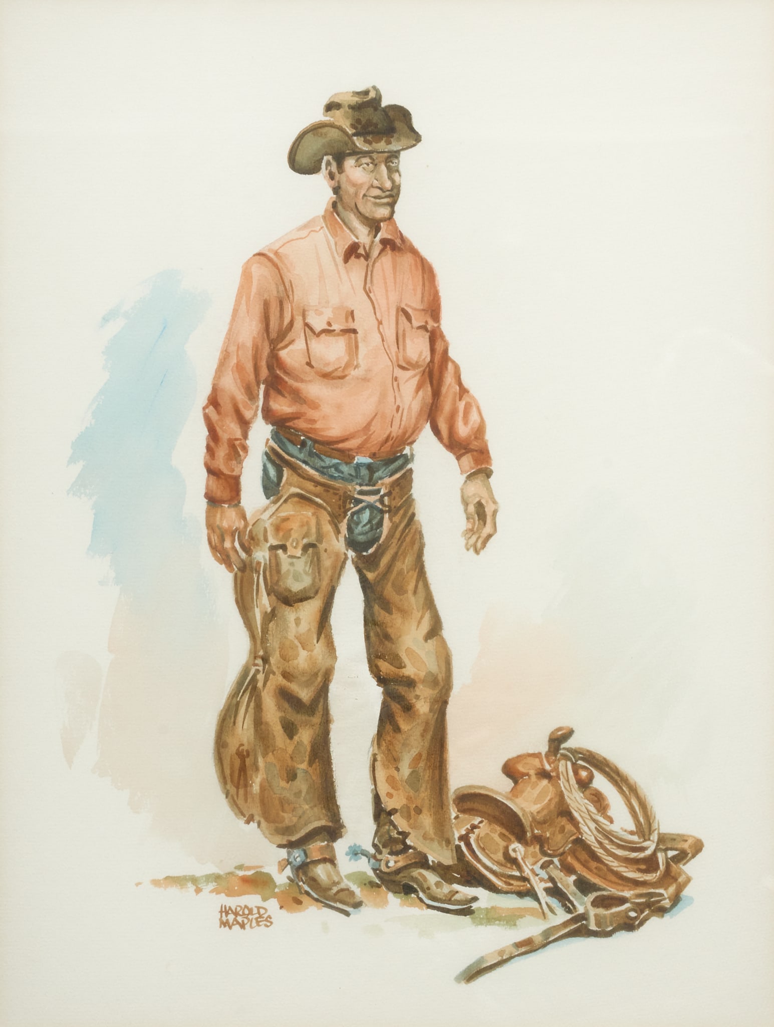 Harold Maples, Cowboy: Harold Maples (Texas, 1925-1981), standing cowboy, watercolor on paper, signed lower left, with Dow Art Galleries (Fort Worth, Texas) label on the verso sight: 16 x 12 in., frame: 22.5 x 18.5 in. Prov