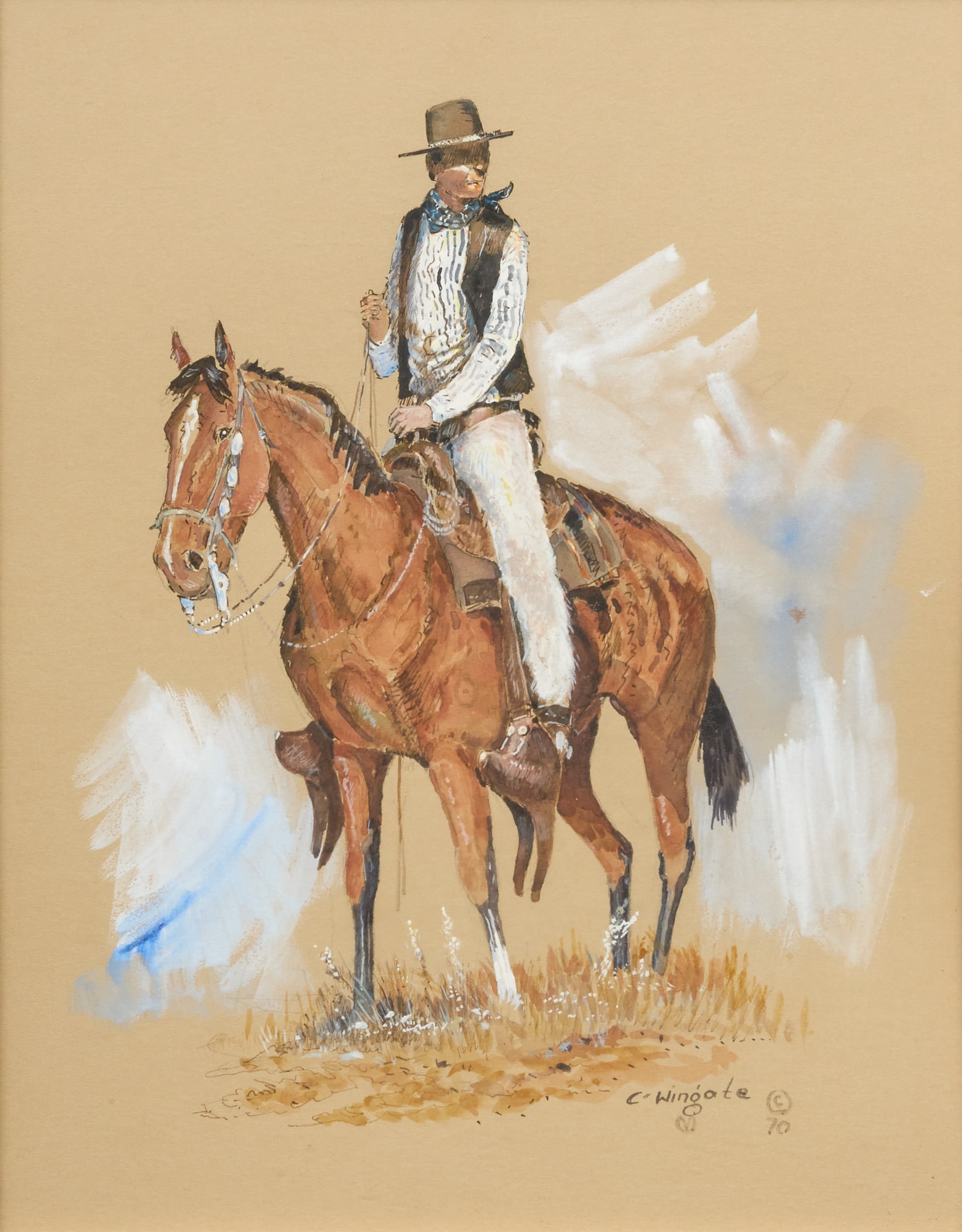Curtis Wingate, "Wyoming Type": Curtis Wingate (Arizona, 1926-1982), "Wyoming Type", watercolor, ink, and gouache on paper, signed and dated lower right, 1970 sight: 13 x 11 in., frame: 20 x 17 in.