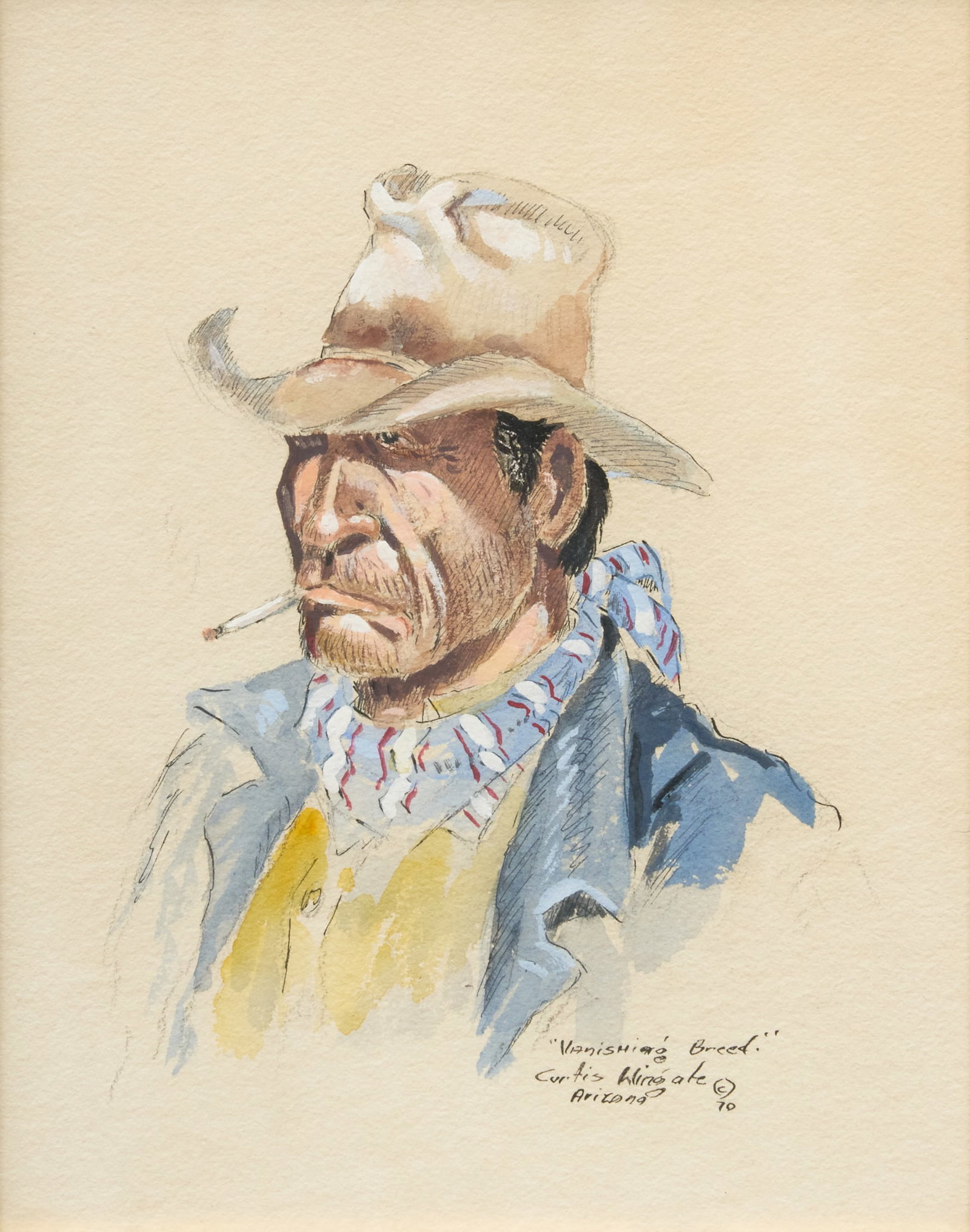 Curtis Wingate, "Vanishing Breed": Curtis Wingate (Arizona, 1926-1982), "Vanishing Breed", watercolor, ink, and gouache on paper, signed, titled, and dated lower right, 1970 sight: 8 x 10 in., frame:
