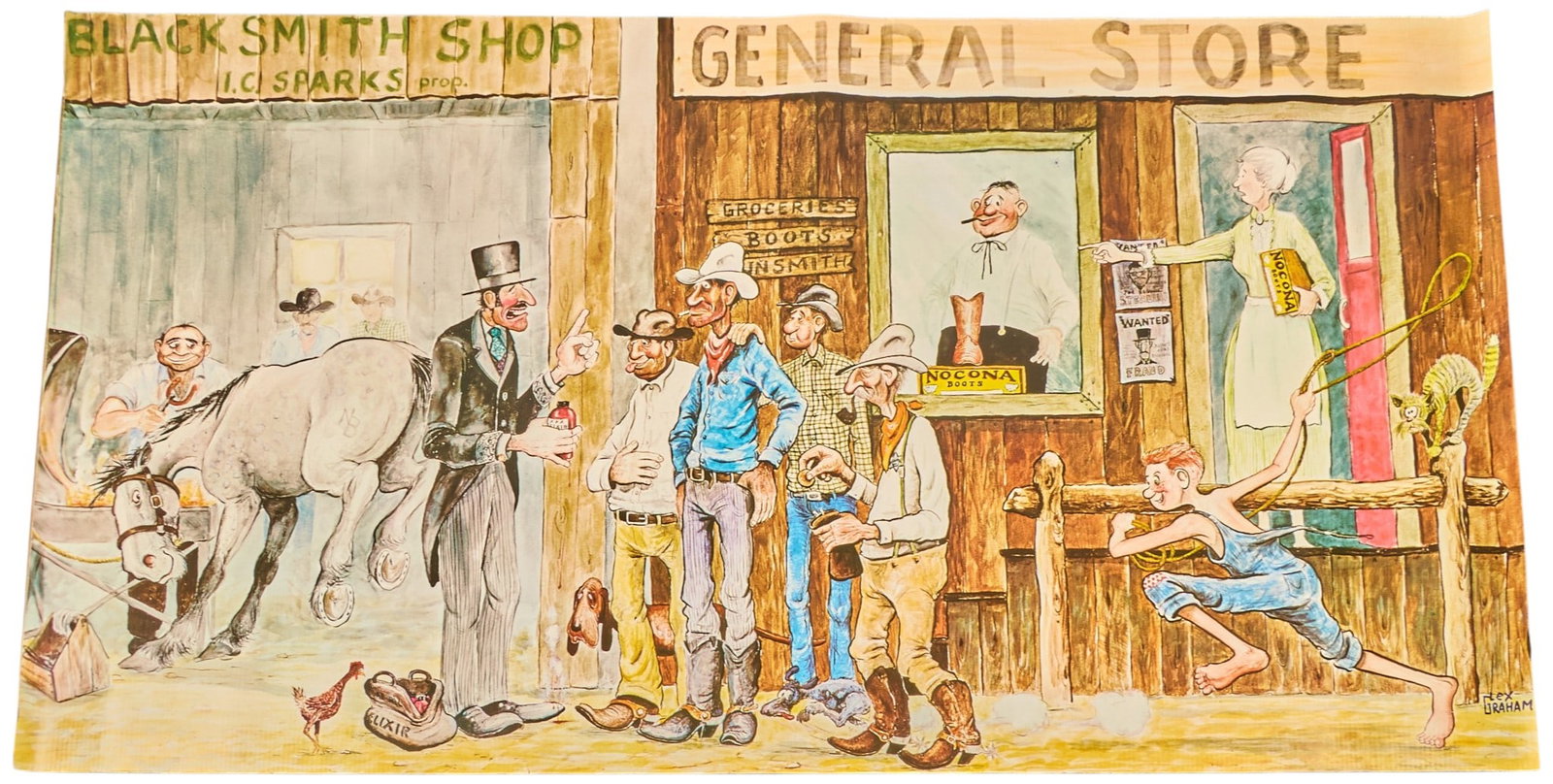 Lex Graham Nacoma Boots Advertiment Banner: Large vintage banner advertisement for Nocona Boots, originally drawn by Texas cartoonist and western artist Lex Graham length 73.5 in. x height 40 in. Provenance: Property from a home in W