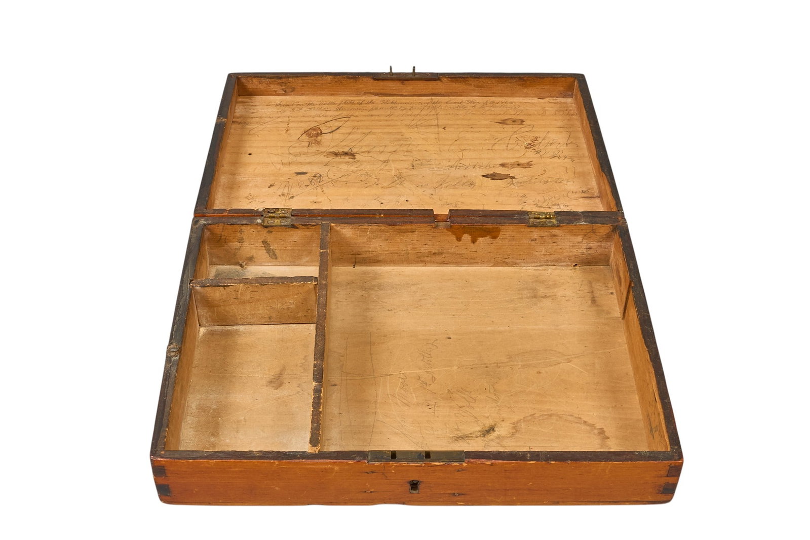 Civil War Battlefield Box: Civil War battlefield box, with provenance sheets inside, discovered in 1864 on a battlefield height 3 in. x width 12 in. x depth 8.5 in. Provenance: Property from a home in Bandera.