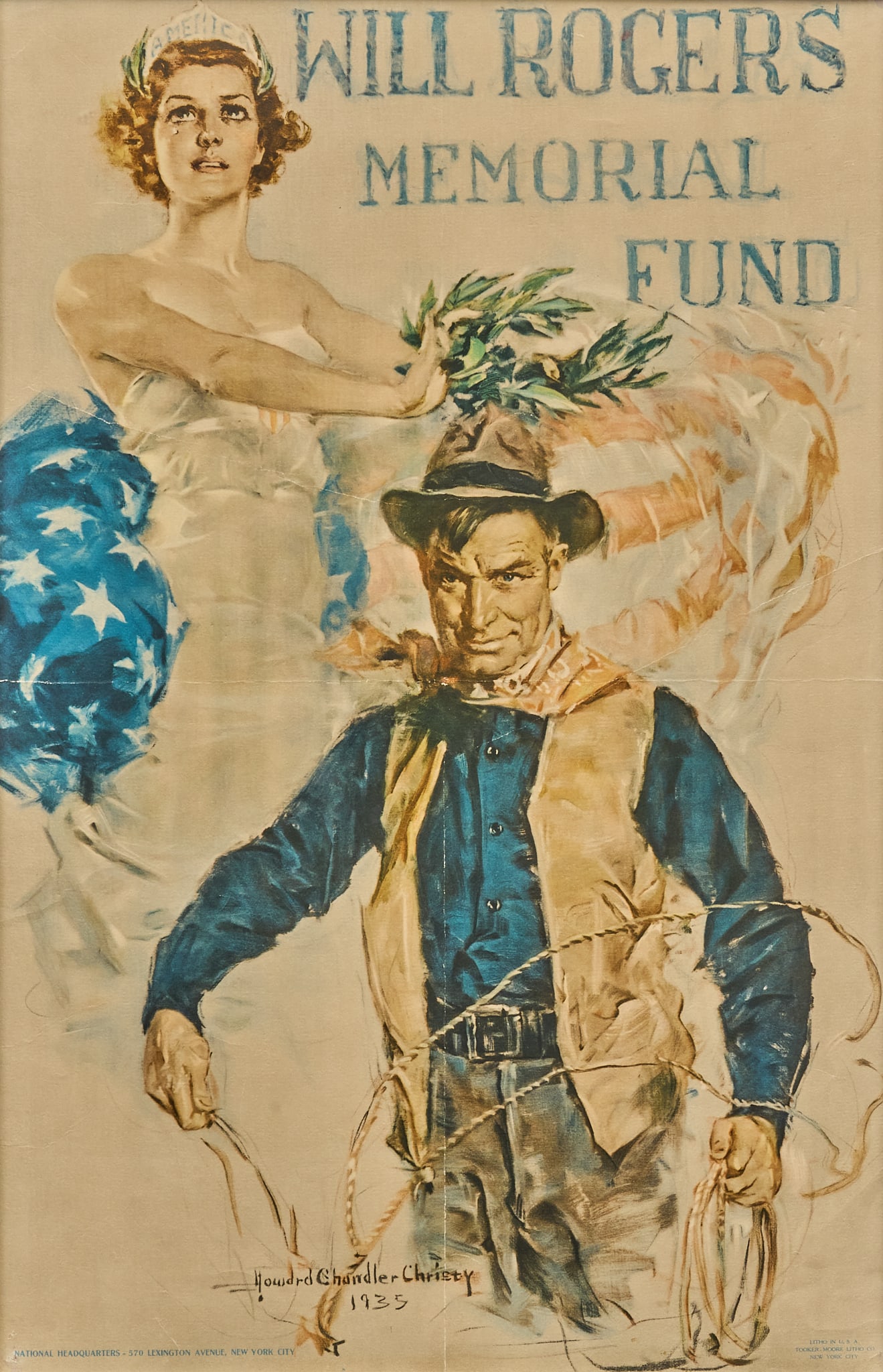 Framed 1935 Will Rogers Memorial Fund Poster: Framed Howard Chandler Christy (American, 1872-1952) 1935 Will Rogers Memorial Fund poster, framed under UV glass sight: 25.5 x 16.5 in., frame: 32.5 x 23.5 in. Provenance: Property from a
