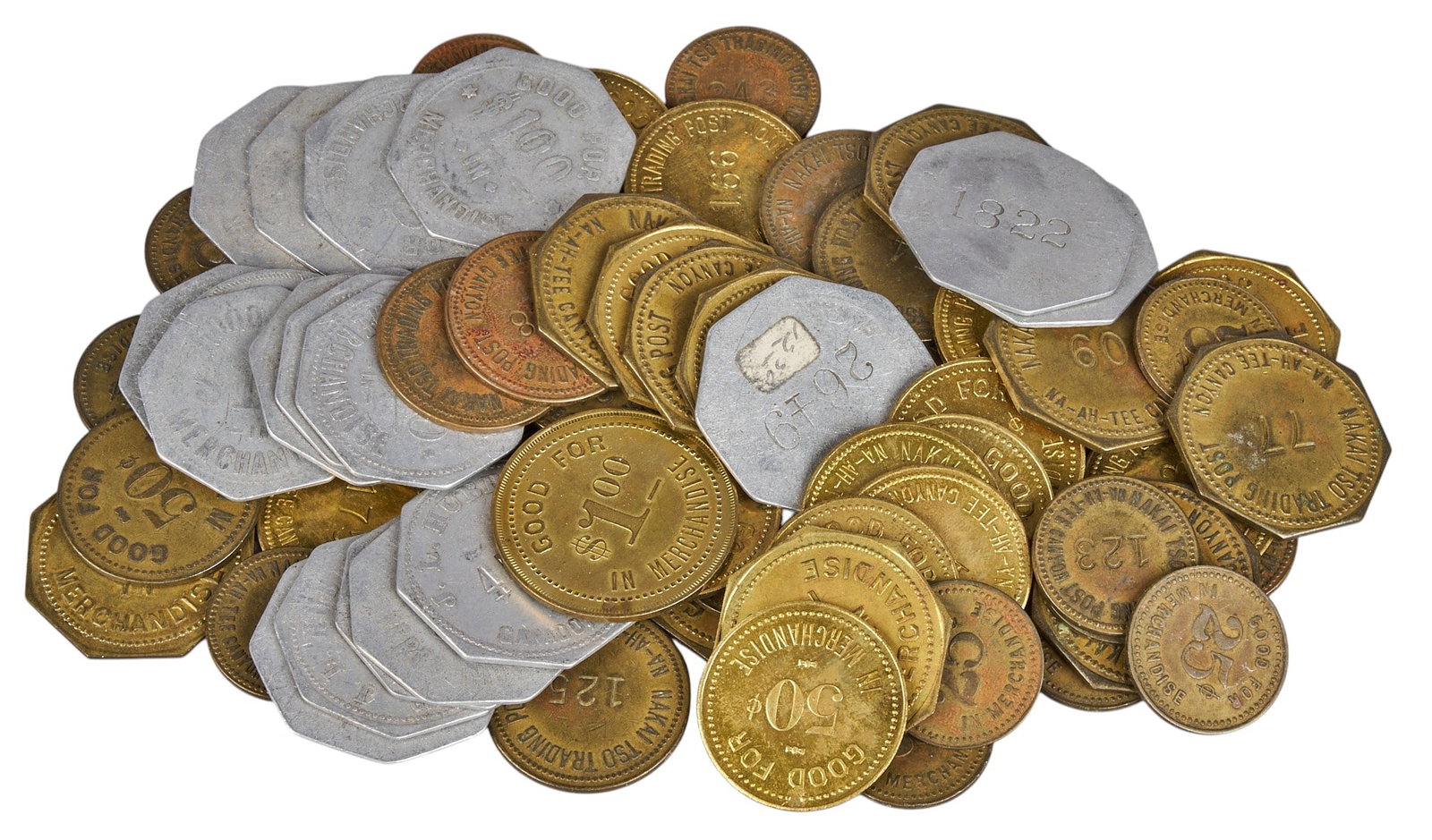 Collection of Nakai Tso Trading Post Tokens: Large collection of Southwestern Trading Post tokens, includes various denominations and designs Provenance: Property from a a home in San Antonio, Texas