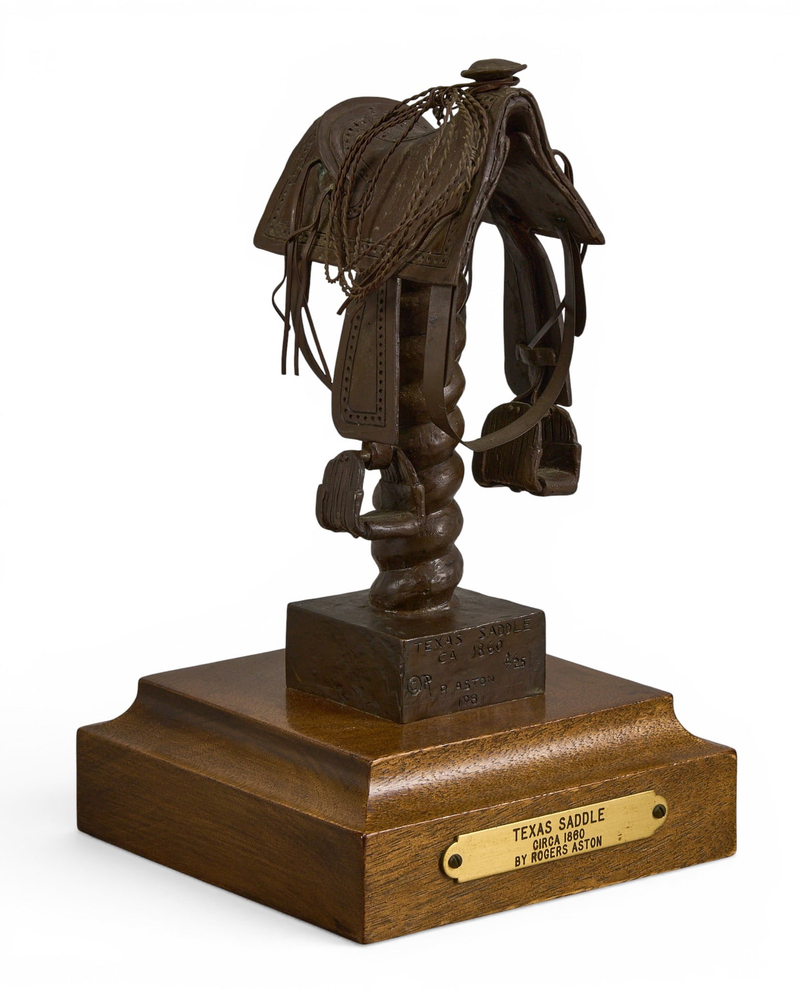 Rogers Aston, "Texas Saddle": Rogers Aston (New Mexico, 1918-1999), "Texas Saddle ca. 1860", "artist-cast bronze sculpture on wooden base, with incised signature, edition number 2/25, and date, 1981
