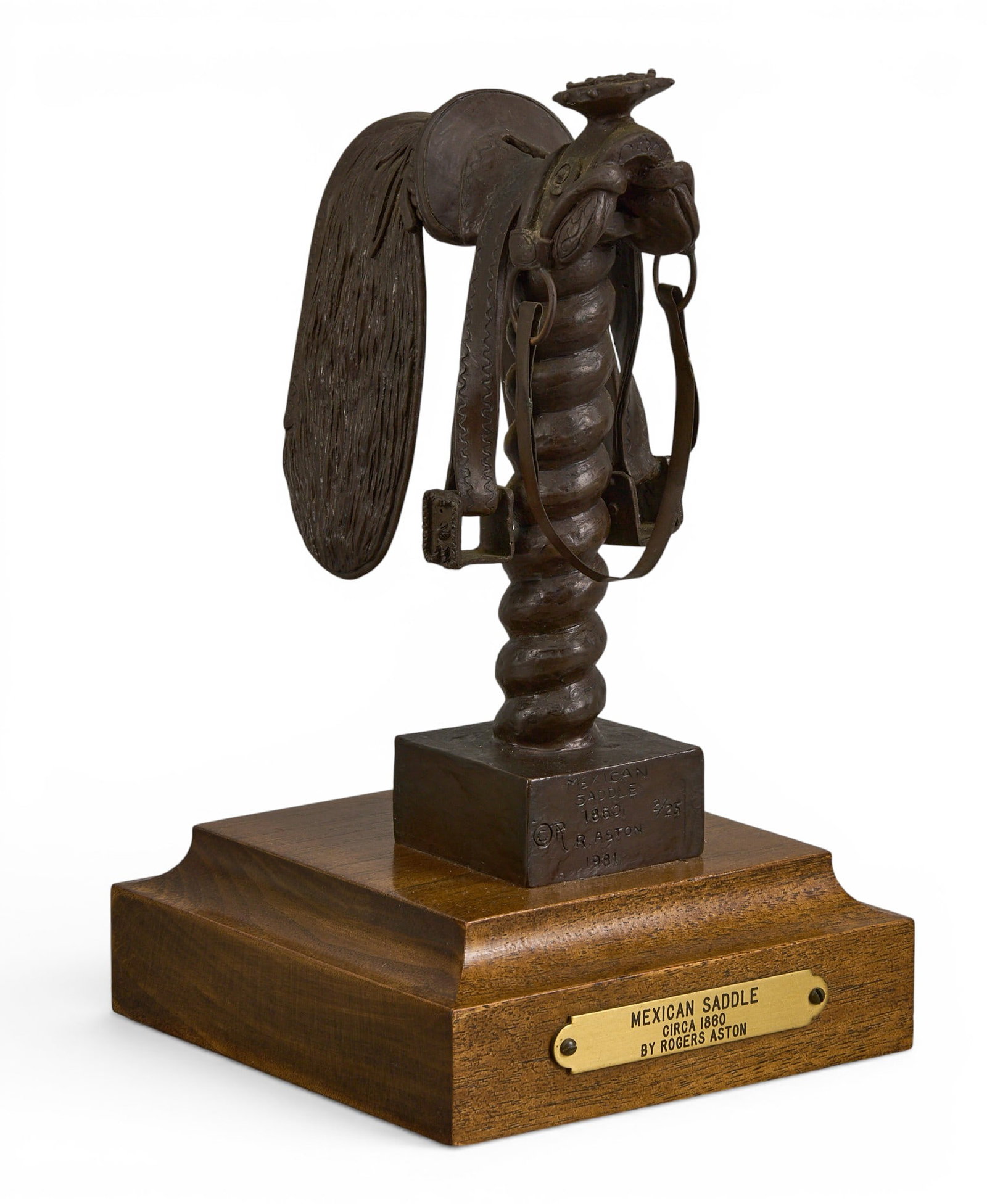 Rogers Aston, "Mexican Saddle": Rogers Aston (New Mexico, 1918-1999), "Mexican Saddle ca. 1860", "artist-cast bronze sculpture on wooden base, with incised signature, edition number 2/25, and date, 1981