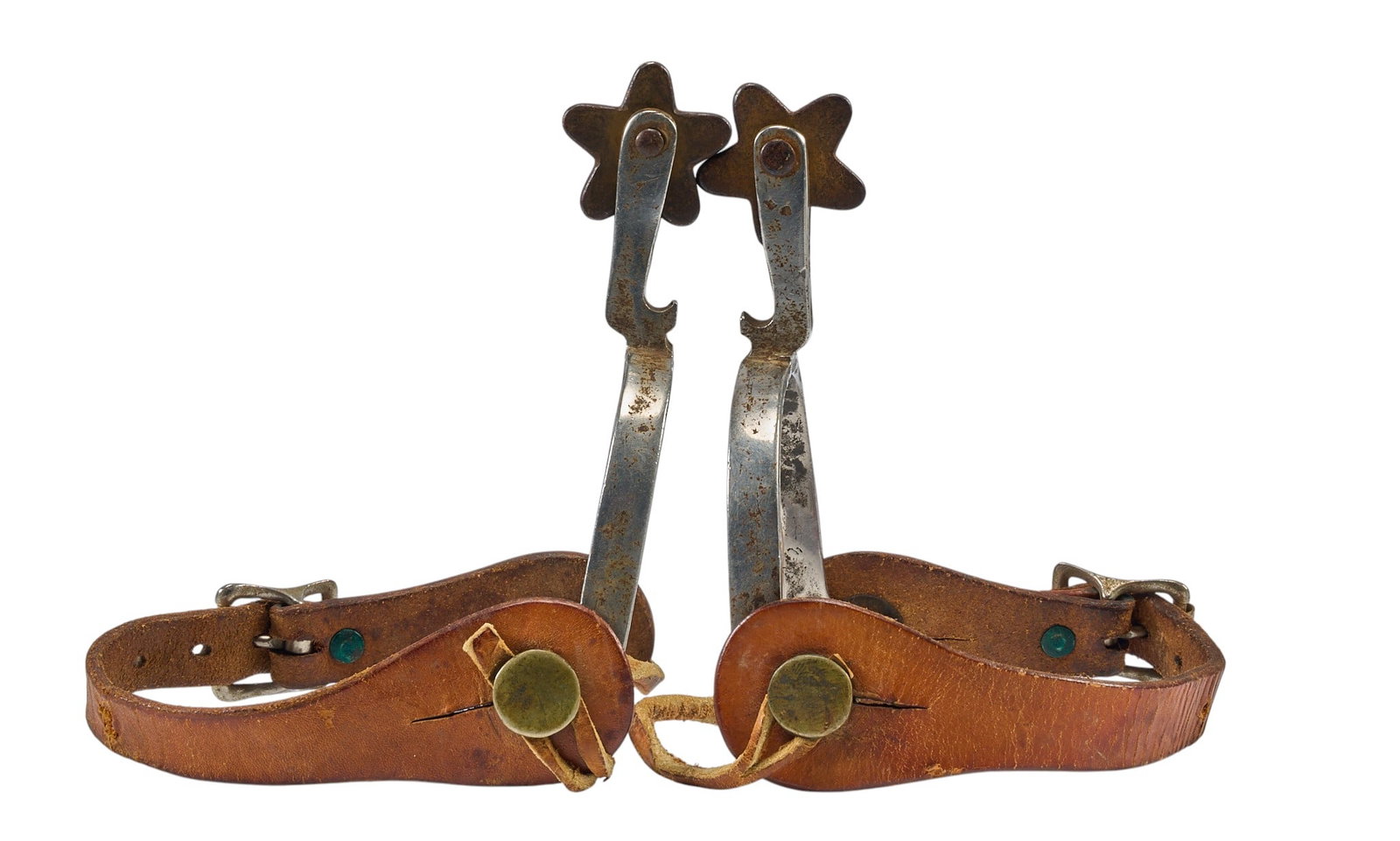 Pair of Vintage South Texas School Spurs: Pair of vintage South Texas school spurs, with bottle opener shank, and leather heel strap, circa 1930's-40's overall length: 6 in. heel width: 3.25 in. rowel diameter: 1.5