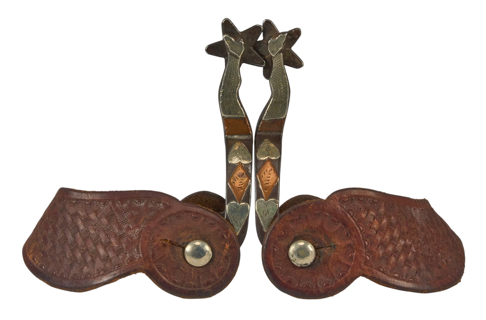 Pair of Tom Johnson Sr. Gal-Leg Spurs: Pair of Tom Johnson Sr. gal-leg spurs, with silver and copper mount on heel band, and tooled leather heel straps, circa 1930's overall length: 5.5 in. heel width: 3.5 in. rowel