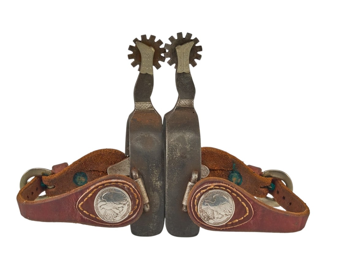 Pair of Shop-Made Gal-Leg Spurs: Pair of shop-made gal-leg spurs, with silver inlay and overlay, monogrammed "JTO" on outer heel band overall length: 6.5 in. heel width: 3.5 in. rowel diameter: 1.25 in. 