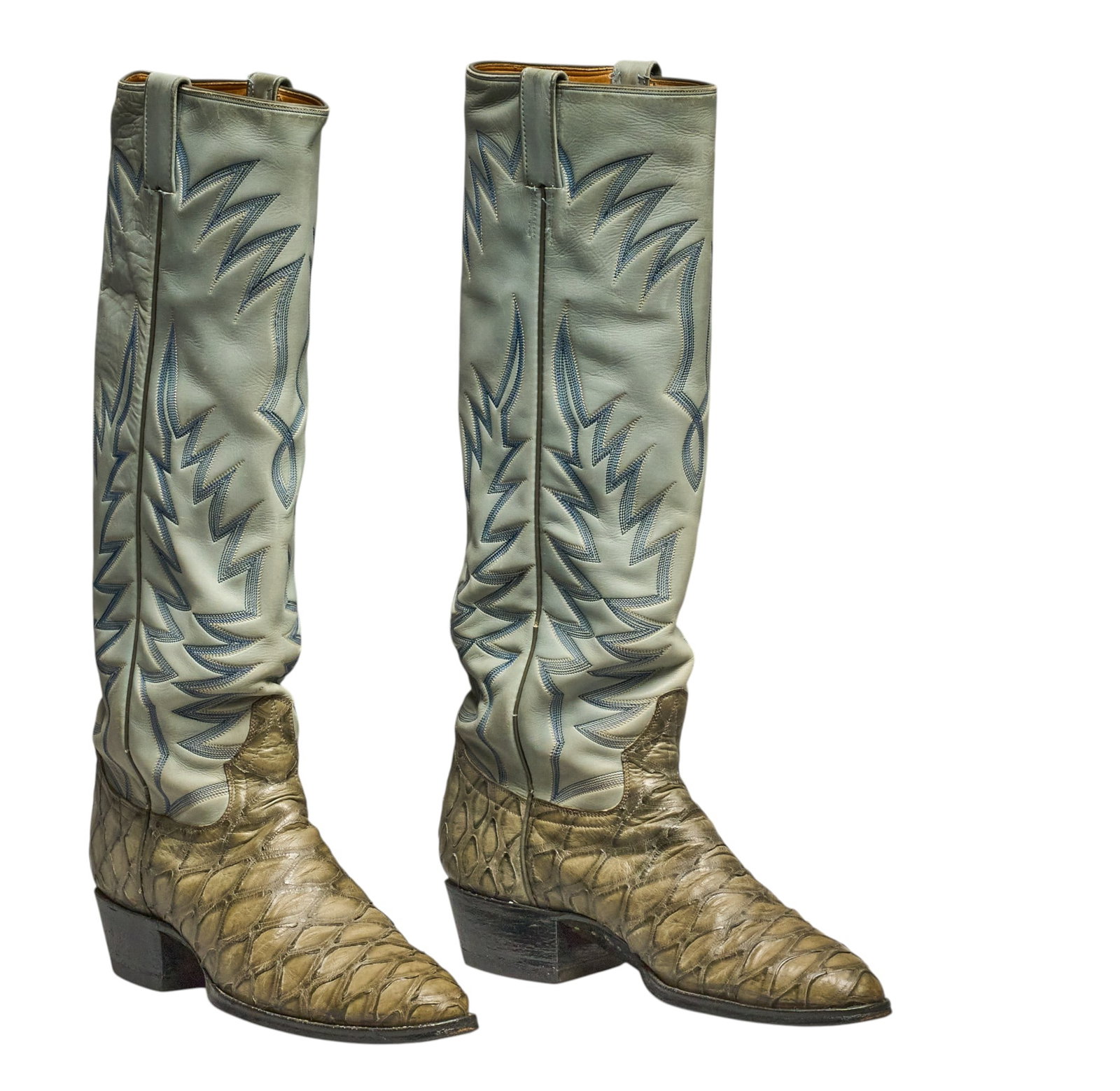 Pair of Blue Custom Anteater Riding Boots, 11D: Pair of blue custom-made anteater riding boots with stitching, size 11D height 20 in. x width 12 in. x depth 4 in. Condition AA; perfect condition, never been worn