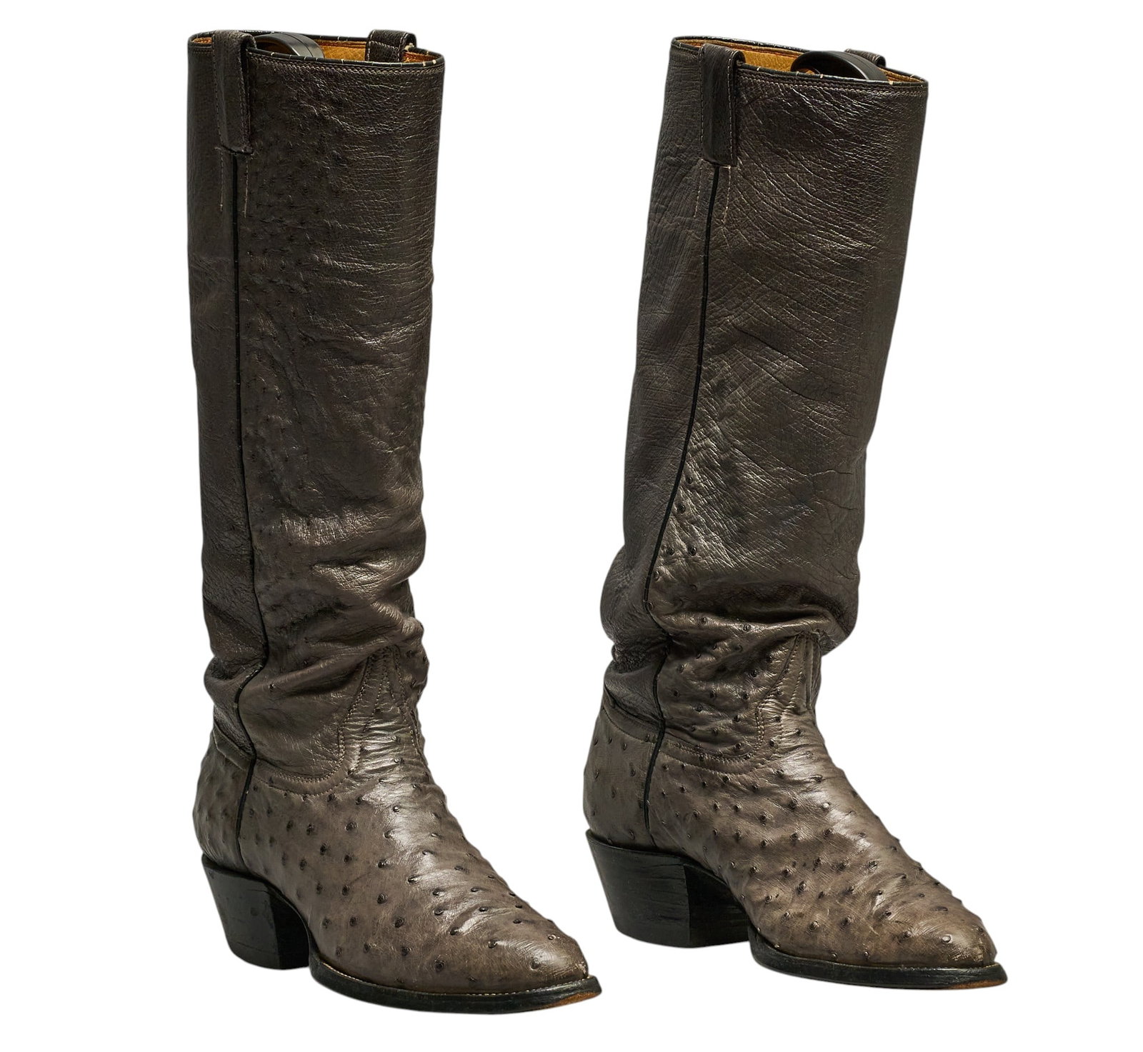 Pair of Custom High Top Ostrich Boots, 11D: Pair of custom-made high top ostrich boots, size 11D height 18 in. x width 12 in. x depth 4 in. Condition A; excellent condition, shows little signs of wear