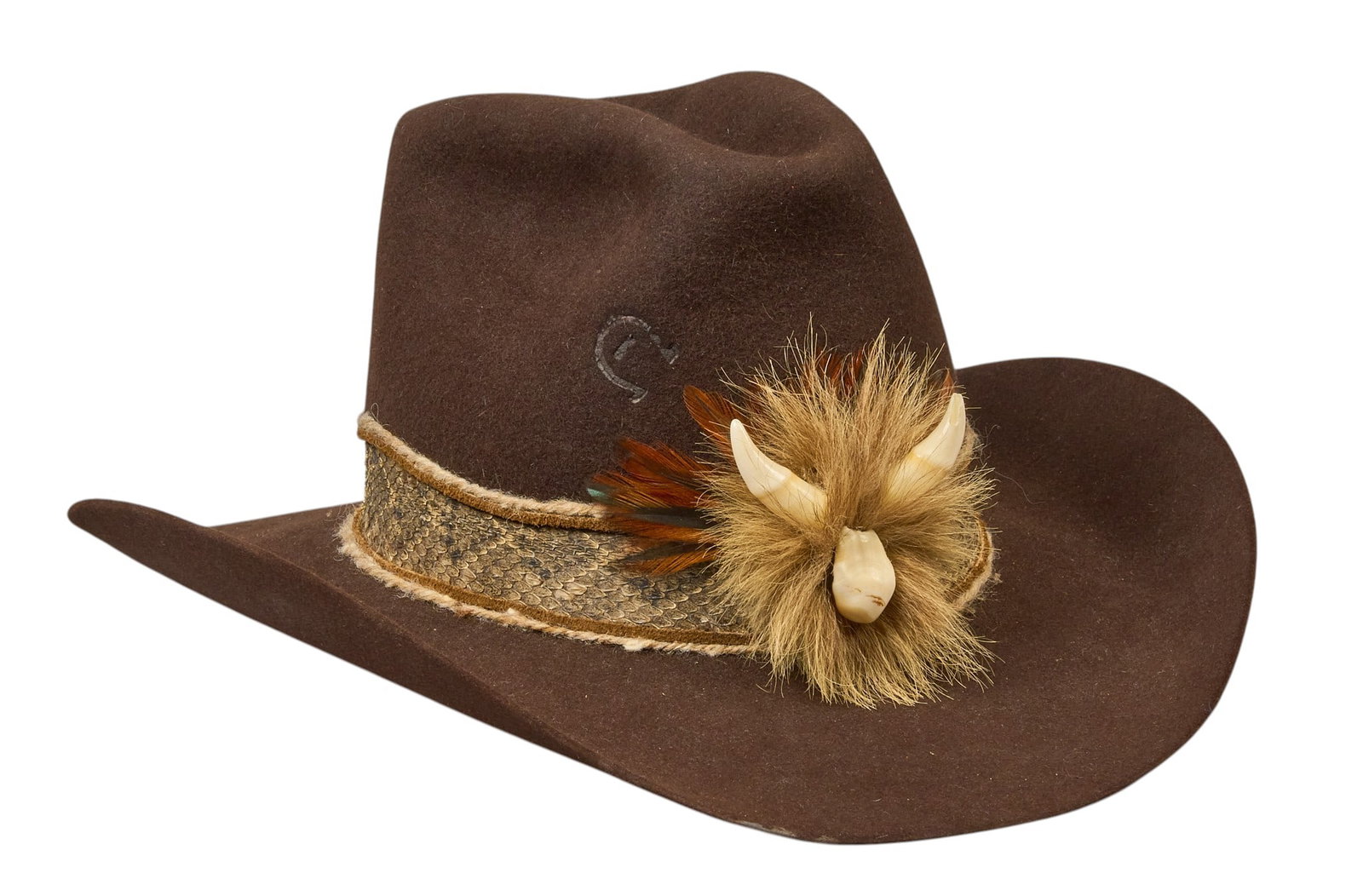 Charlie Horse Custom Cowboy Hat: Charlie Horse custom cowboy hat, monogrammed "J.T.O" on interior, with southwestern style band of rattlesnake skin, animal pelt, and animal horn height 8 in. x width 15 in. x depth 16 in.&nb