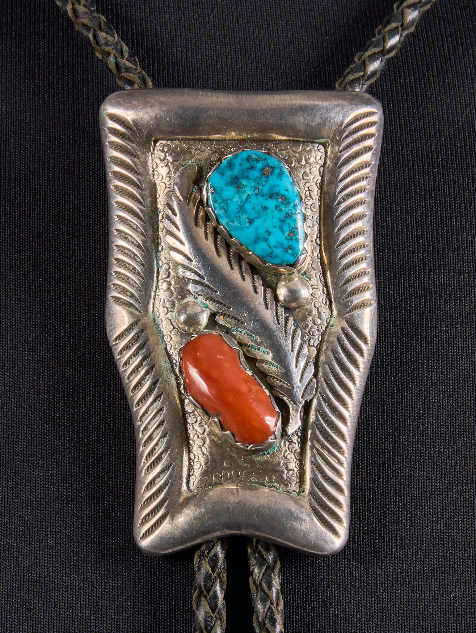 Zuni Sterling Silver Turquoise & Coral Bolo (1 of 3)