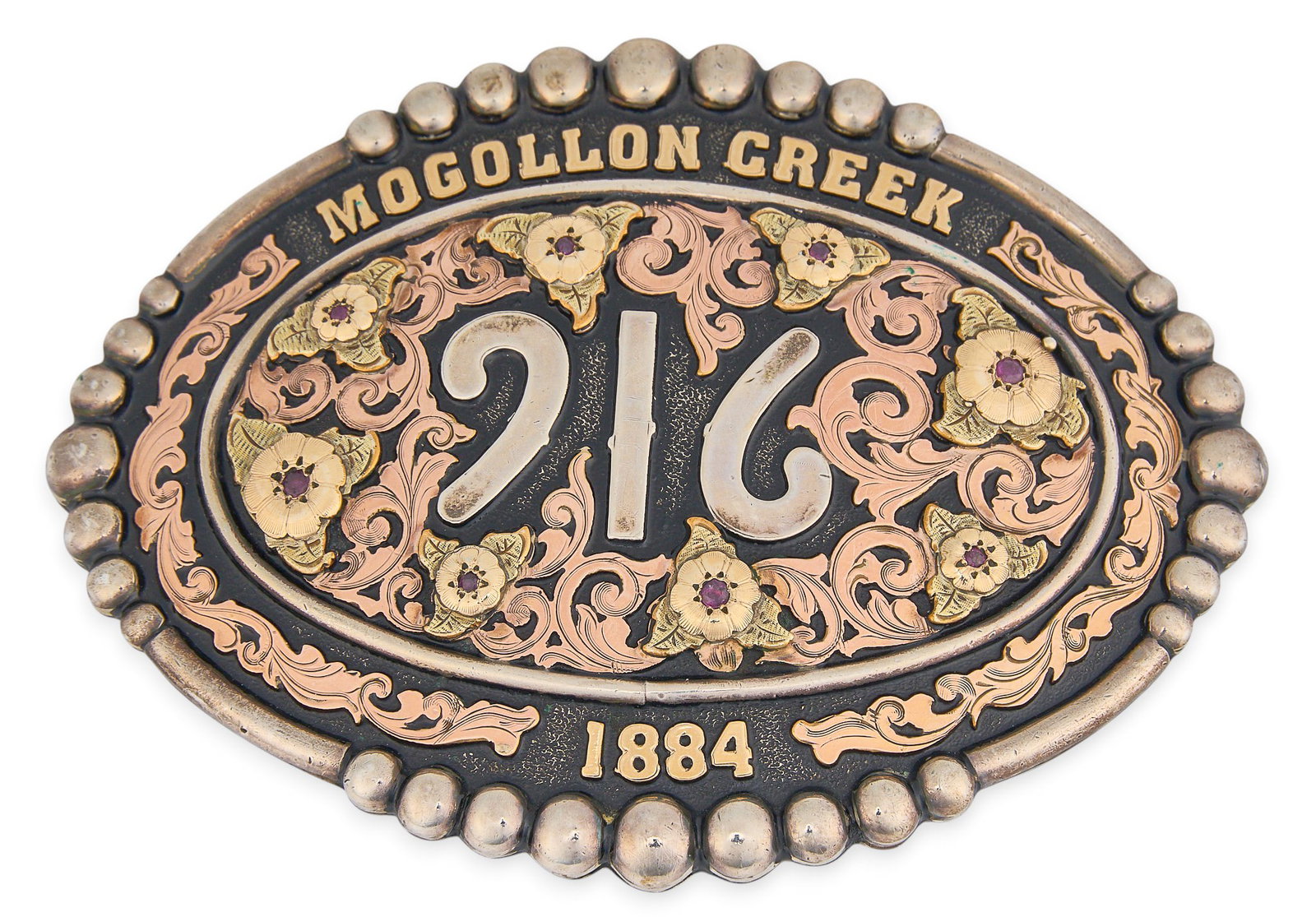 Bob Berg 1884 Mogollon Creek Belt Buckle: Bob Berg 1884 Mogollon Creek belt buckle length 3.5 in. x width 5 in. Provenance: Property from a San Antonio, Texas collector of vintage and antique Western items