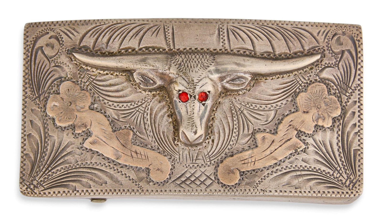 Mexican Sterling Silver Longhorn Belt Buckle: Vintage Mexican sterling silver belt buckle featuring a longhorn steer's head motif accented by two round red stones, stamped "SLOO" and "Hecho en Mexico" to the reverse Size: 