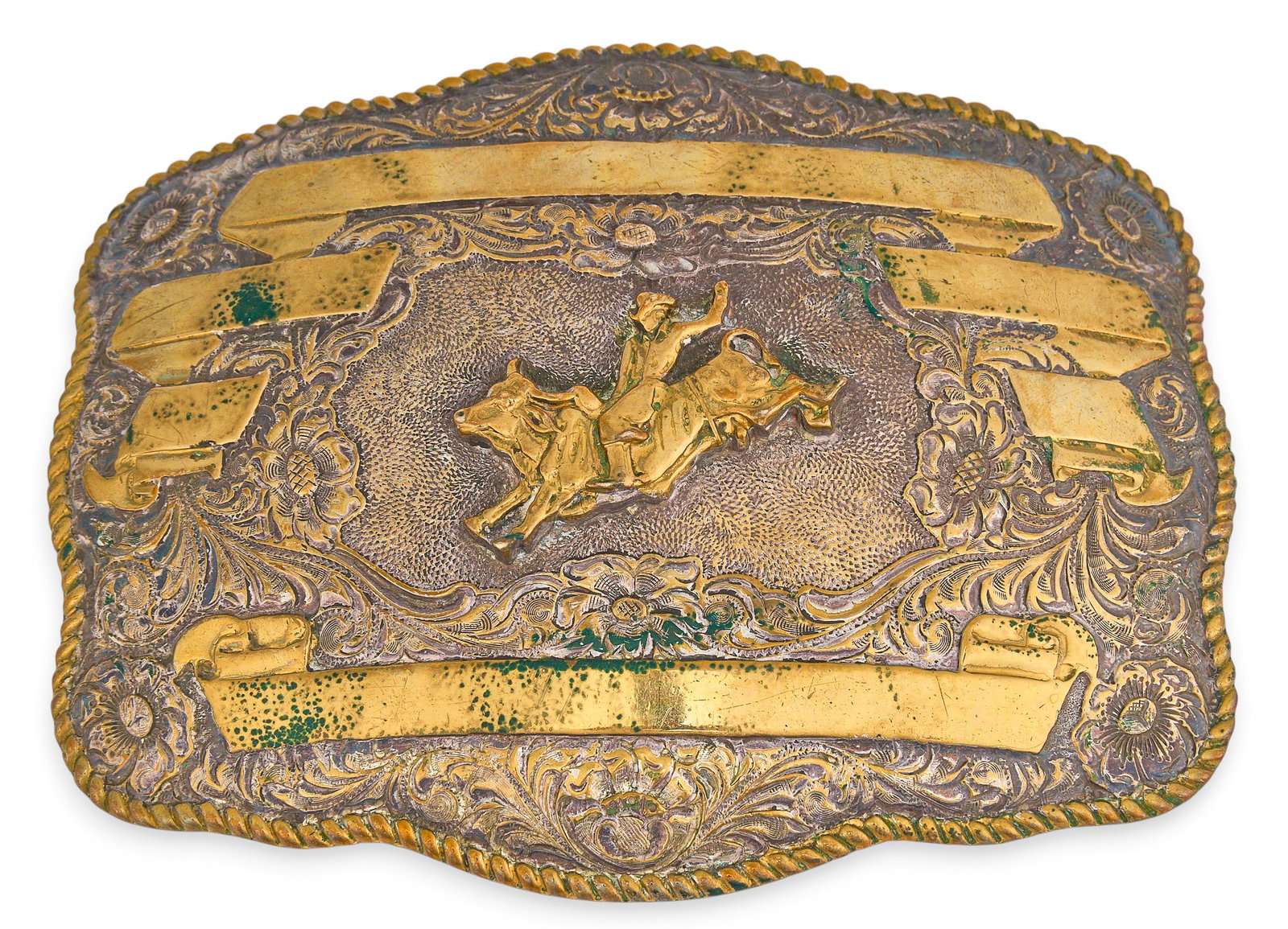 Crumrine Bull Riding Belt Buckle: Crumrine bull riding belt buckle length 5 in. x width 6 in. Provenance: Property from a San Antonio, Texas collector of vintage and antique Western items