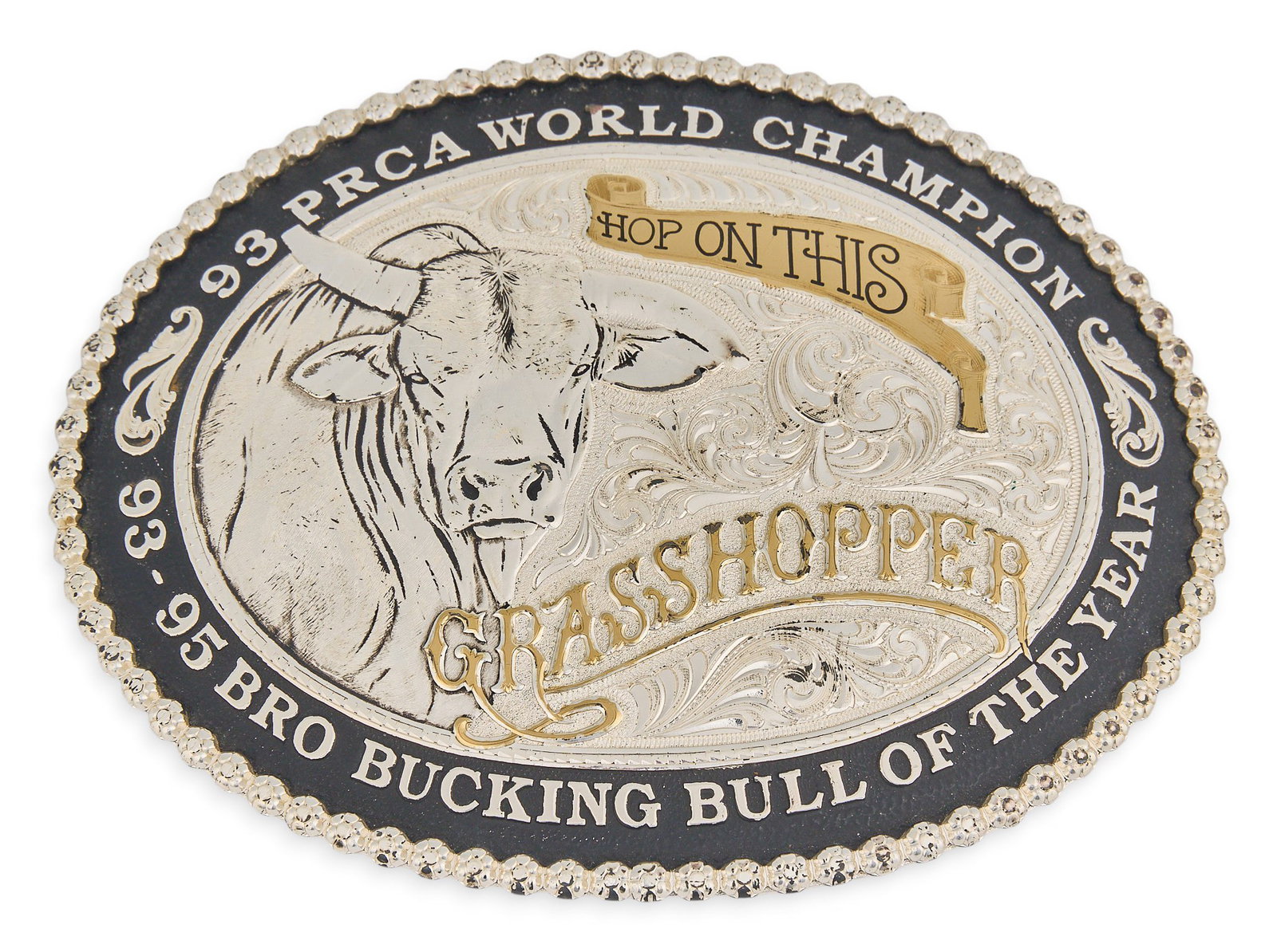 Montana Silversmiths 93 PRCA World Champion Belt Buckle: Montana Silversmiths 93 PRCA World Champion belt buckle length 4 in. x width 5 in. Provenance: Property from a San Antonio, Texas collector of vintage and antique Western items
