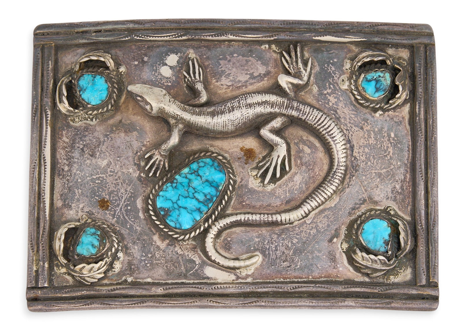 Substantial Sterling & Turquoise Lizard Buckle: Substantial sterling silver buckle set with five turquoise stones in twisted wire style bezels, featuring central lizard motif and stamped details to border, stamped "Vernon Lee